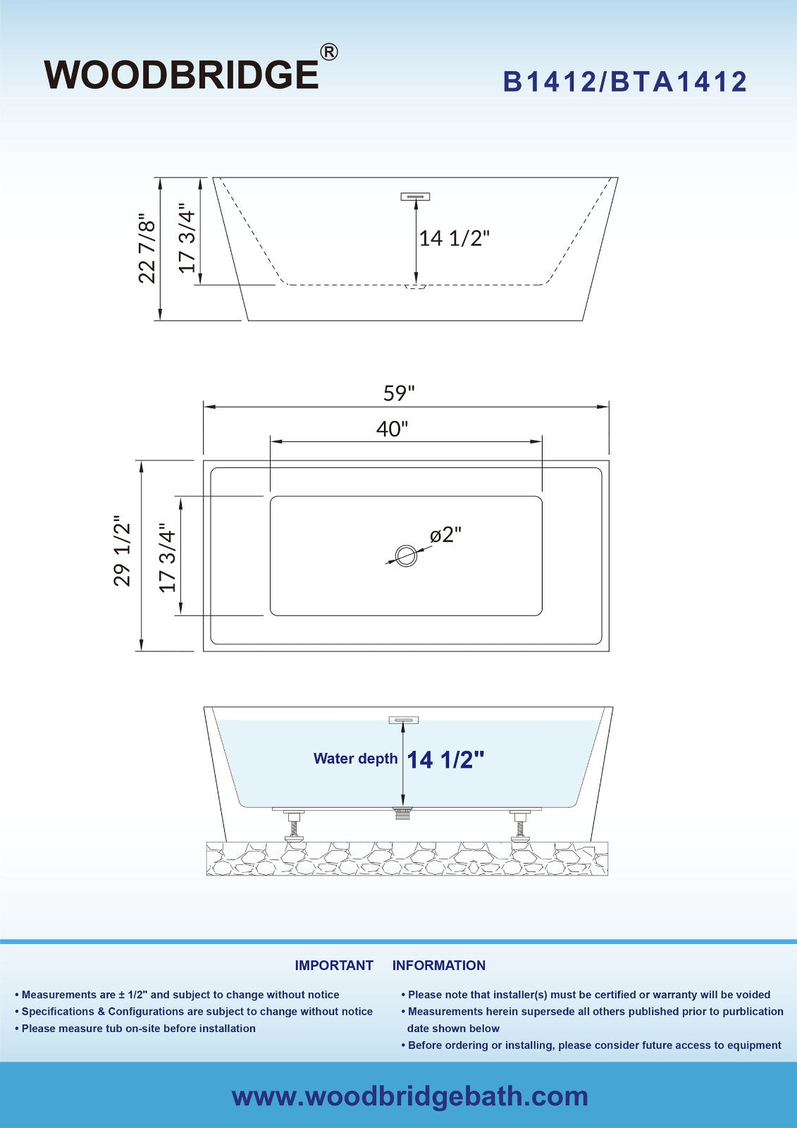 WOODBRIDGE 59" Acrylic Freestanding Bathtub Contemporary Soaking Tub