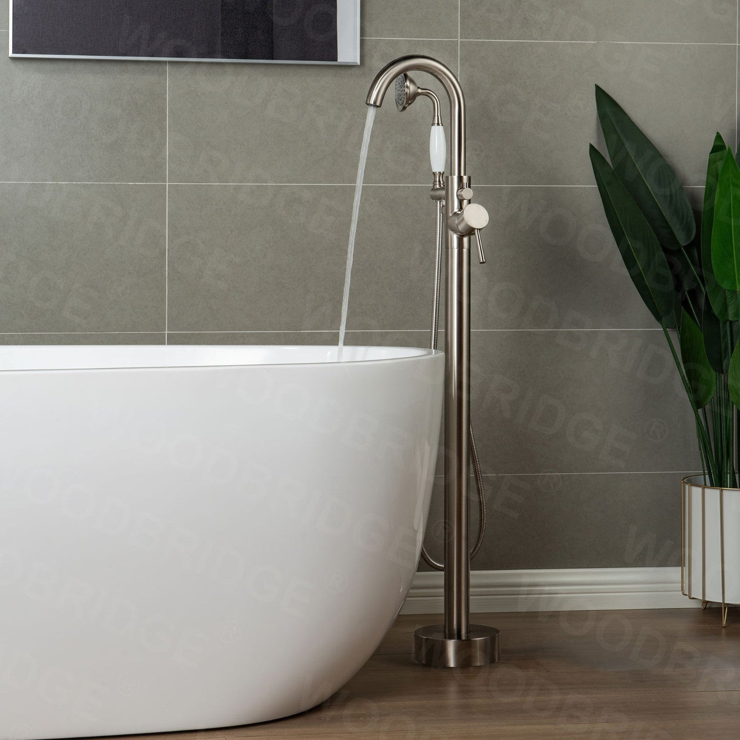WOODBRIDGE WOODBRIDGEE F0001BNVT Contemporary Single Handle Floor Mount Freestanding Tub Filler Faucet with Hand shower