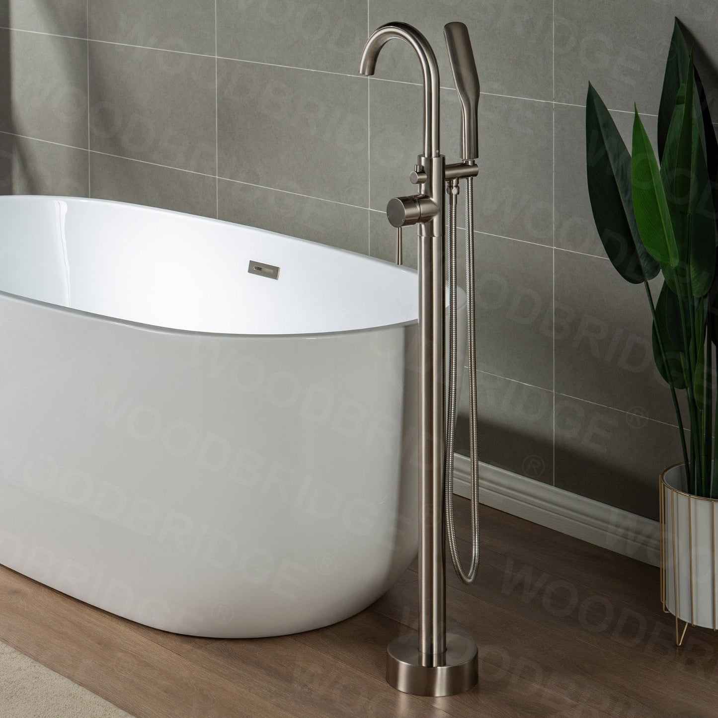 WOODBRIDGE WOODBRIDGEE Contemporary Single Handle Floor Mount Freestanding Tub Filler Faucet with Hand Shower