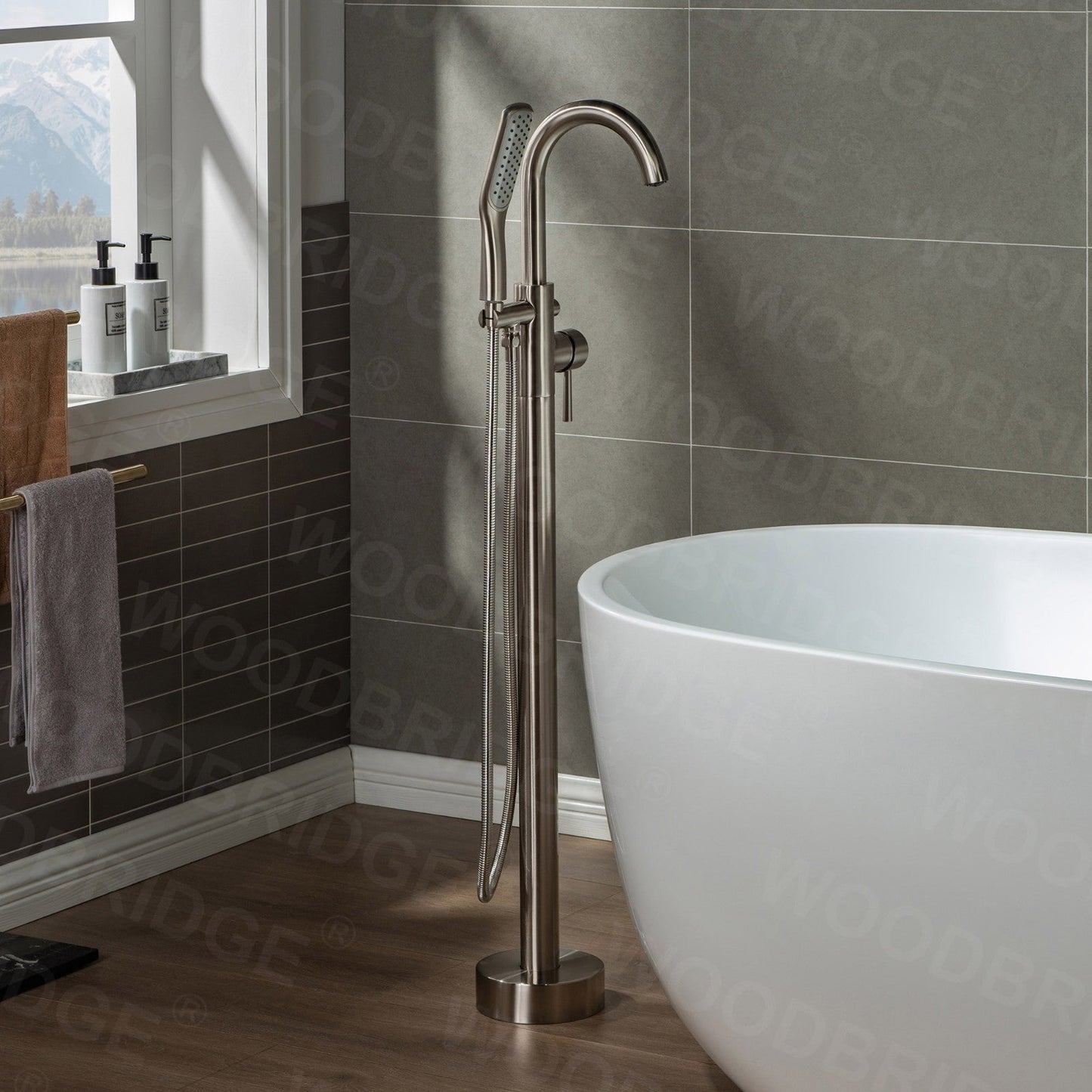 WOODBRIDGE WOODBRIDGEE Contemporary Single Handle Floor Mount Freestanding Tub Filler Faucet with Hand Shower