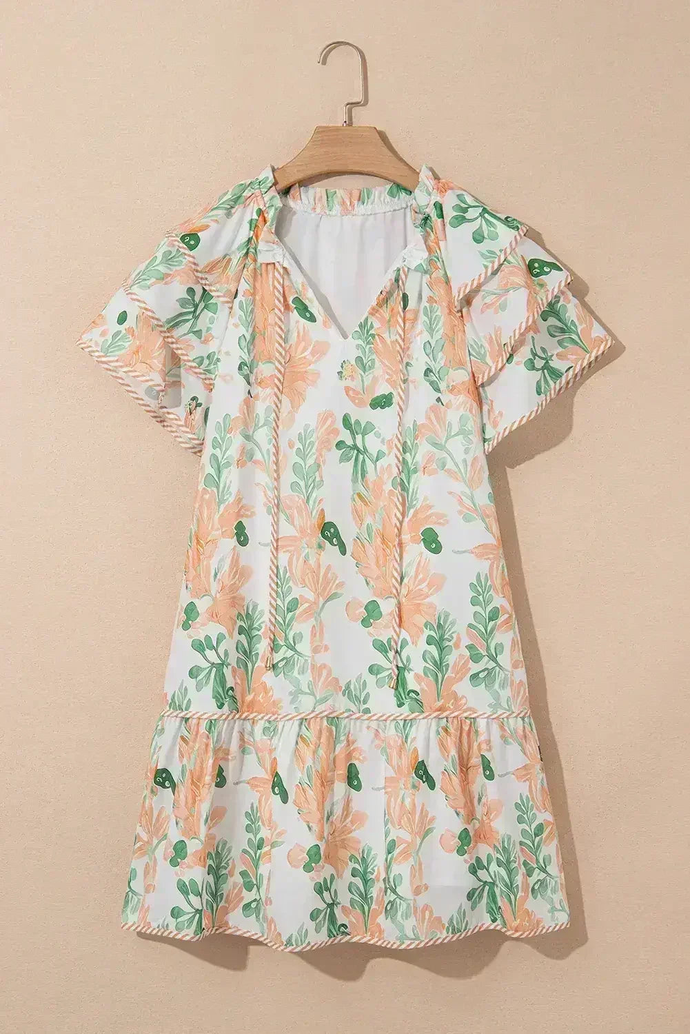 Sky Blue Floral Contrast Edge Ruffle Sleeve Tie Neck Mini Dress
