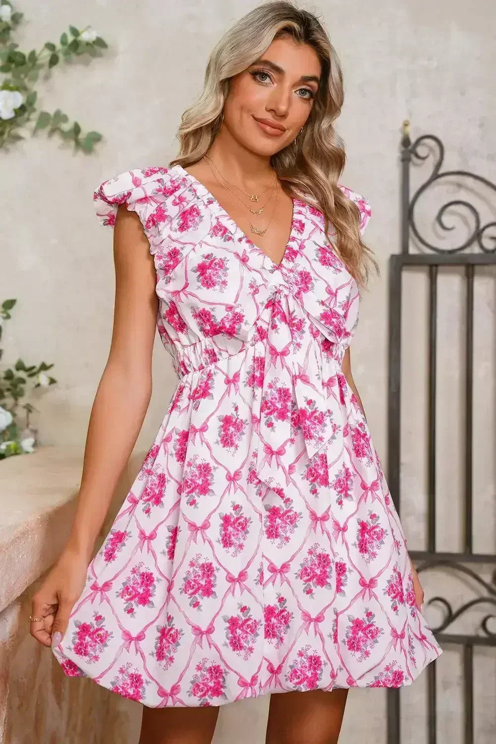 Multicolour Boho Bow Floral Print Knot V Neck Mini Dress