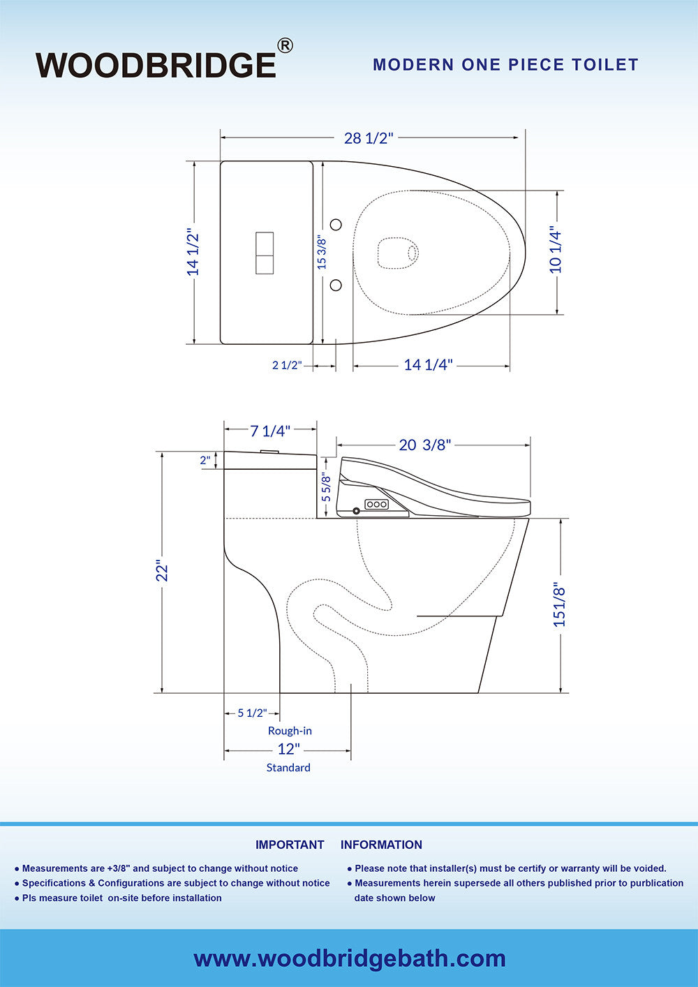 WOODBRIDGE Toilet & Bidet Luxury Elongated One Piece Advanced Smart Seat with Temperature Controlled Wash Functions and Air Dryer, Toilet with Bidet. T-0737, Bidet & Toilet
