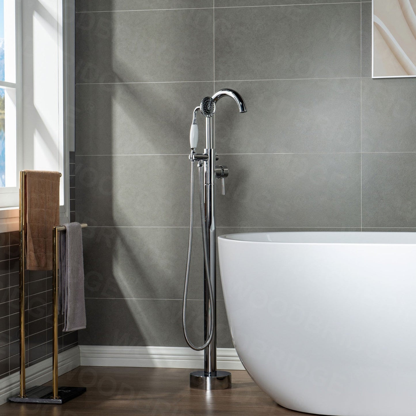WOODBRIDGE WOODBRIDGEE F0001BNVT Contemporary Single Handle Floor Mount Freestanding Tub Filler Faucet with Hand shower