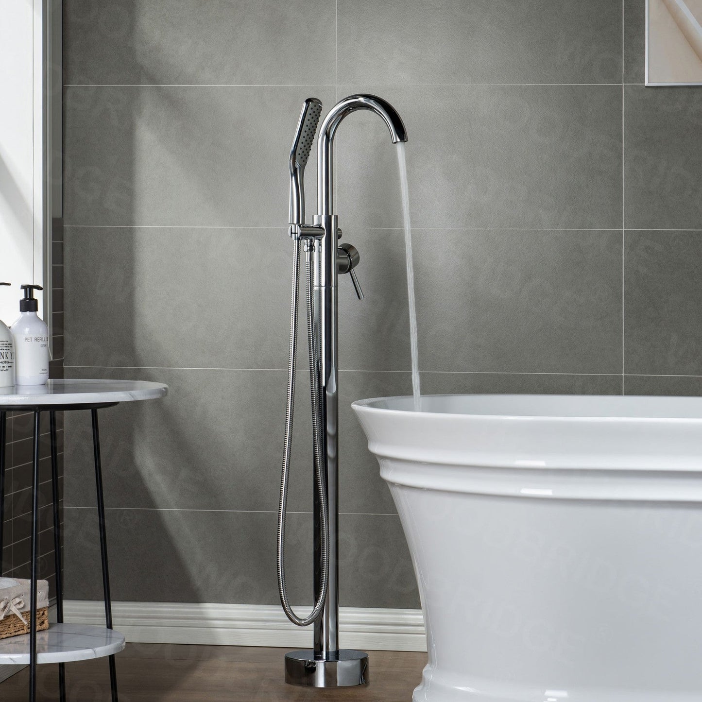 WOODBRIDGE WOODBRIDGEE Contemporary Single Handle Floor Mount Freestanding Tub Filler Faucet with Hand Shower