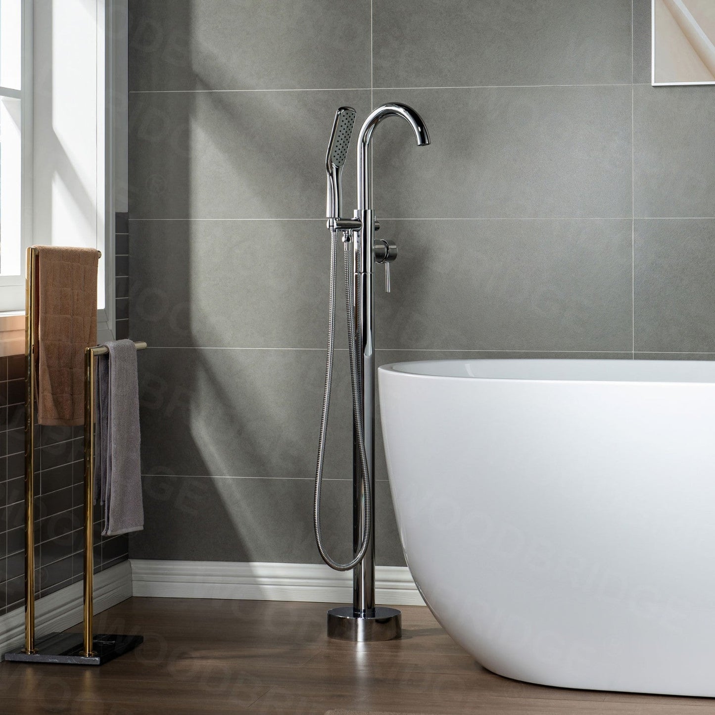 WOODBRIDGE WOODBRIDGEE Contemporary Single Handle Floor Mount Freestanding Tub Filler Faucet with Hand Shower