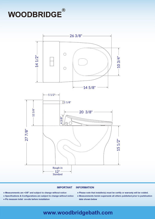 WOODBRIDGE T-0044 One Piece 1.1GPF/1.6 GPF Dual Flush Elongated Toilet with Advance Smart Bidet Bidet in White