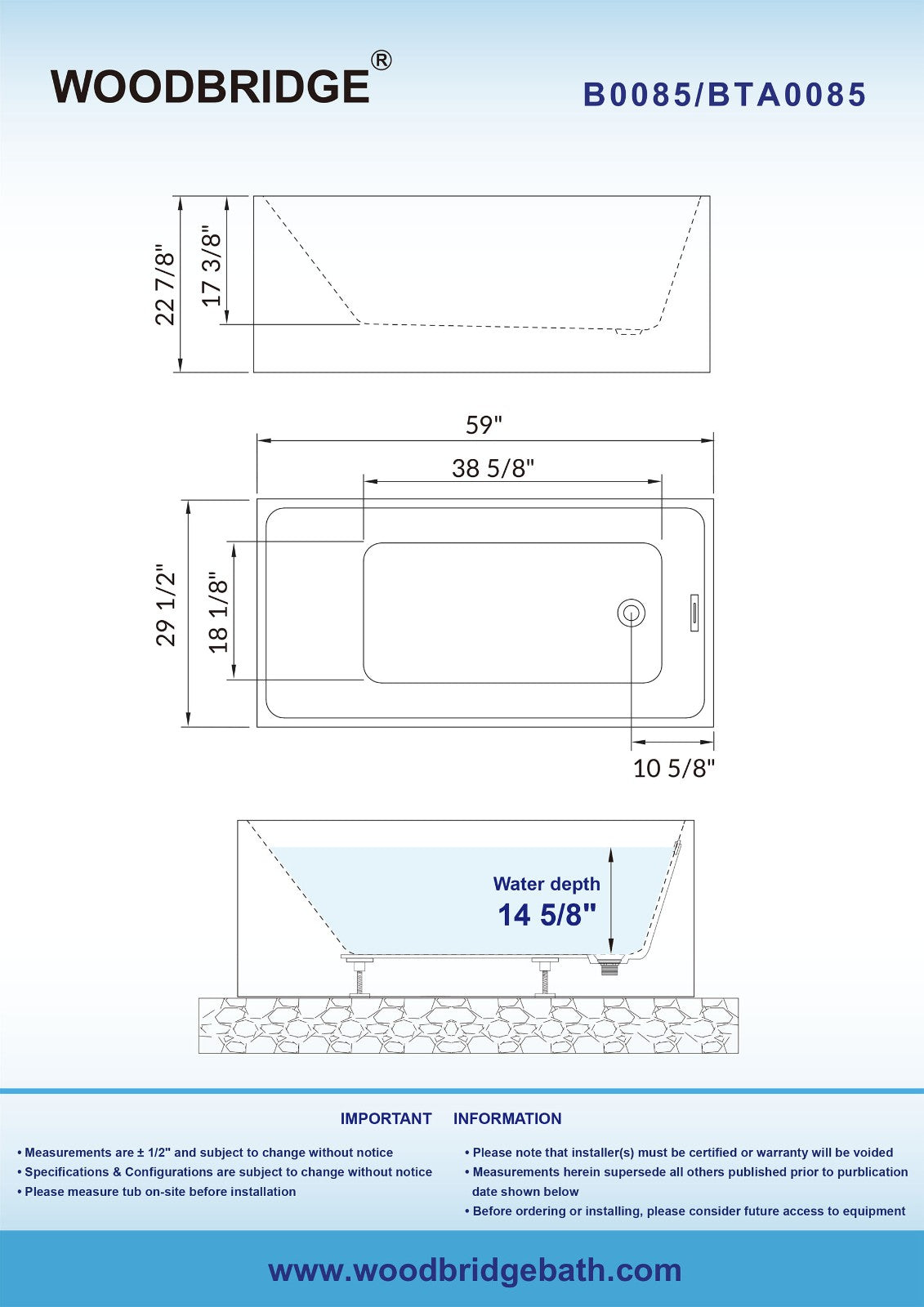 WOODBRIDGE 59" Acrylic Freestanding Bathtub Contemporary Soaking Tub