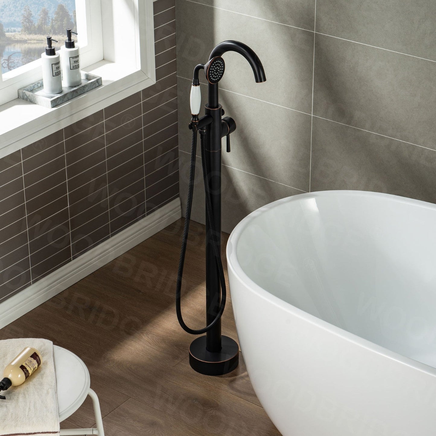 WOODBRIDGE WOODBRIDGEE F0001BNVT Contemporary Single Handle Floor Mount Freestanding Tub Filler Faucet with Hand shower