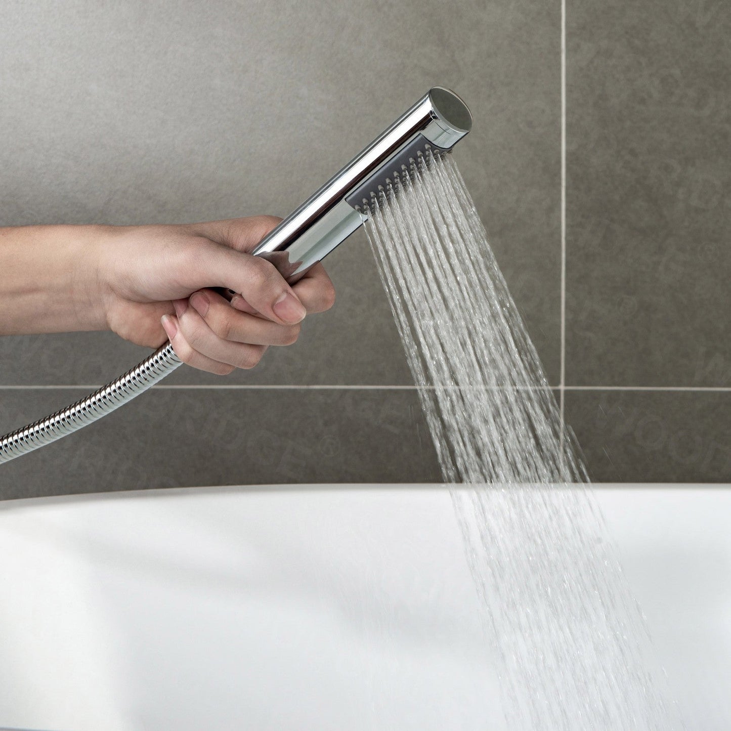WOODBRIDGE F0023BNRD Contemporary Single Handle Floor Mount Freestanding Tub Filler Faucet with Cylinder Shape Hand shower