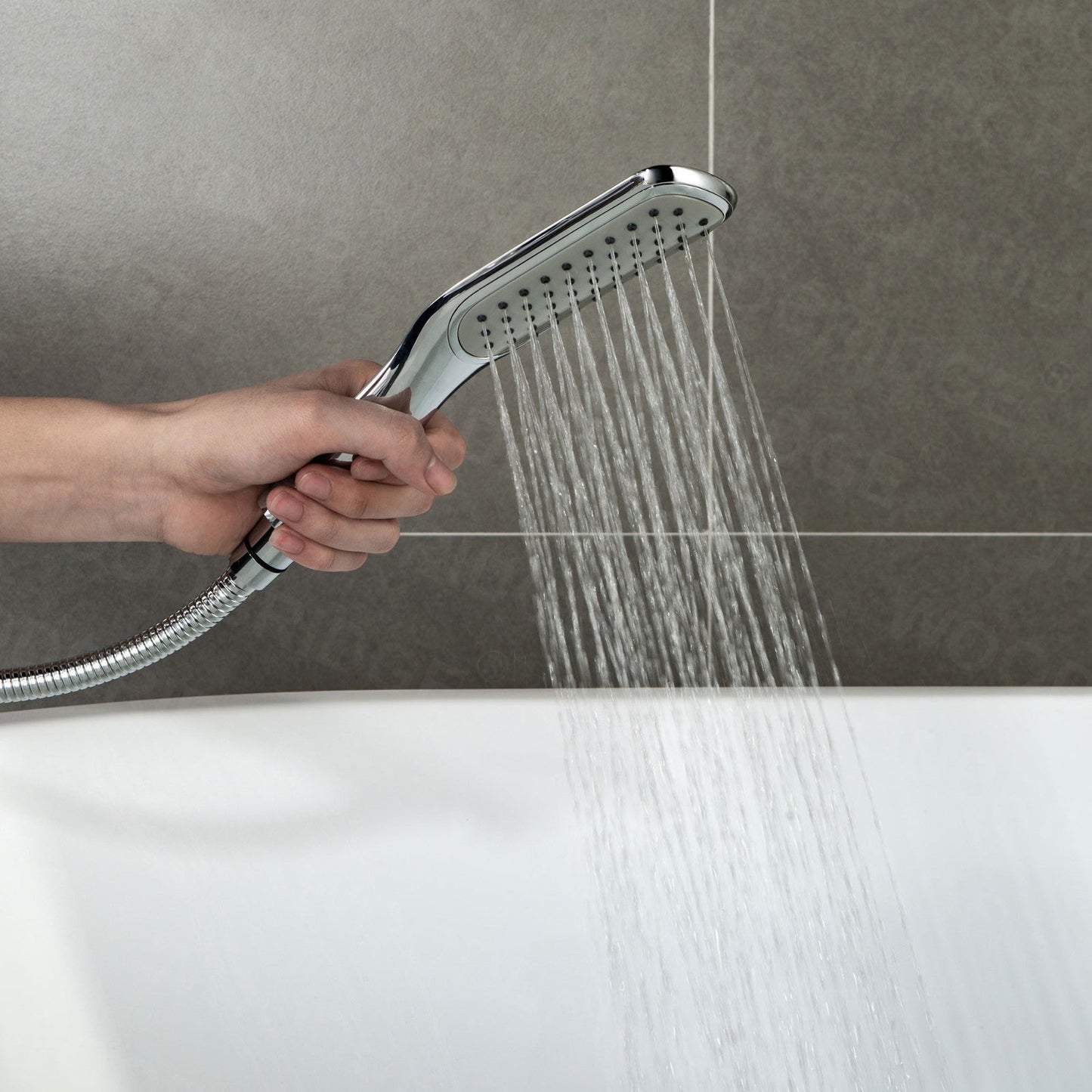 WOODBRIDGE F0023BNSQ Fusion Single Handle Floor Mount Freestanding Tub Filler Faucet with Square Comfort Grip Hand Shower
