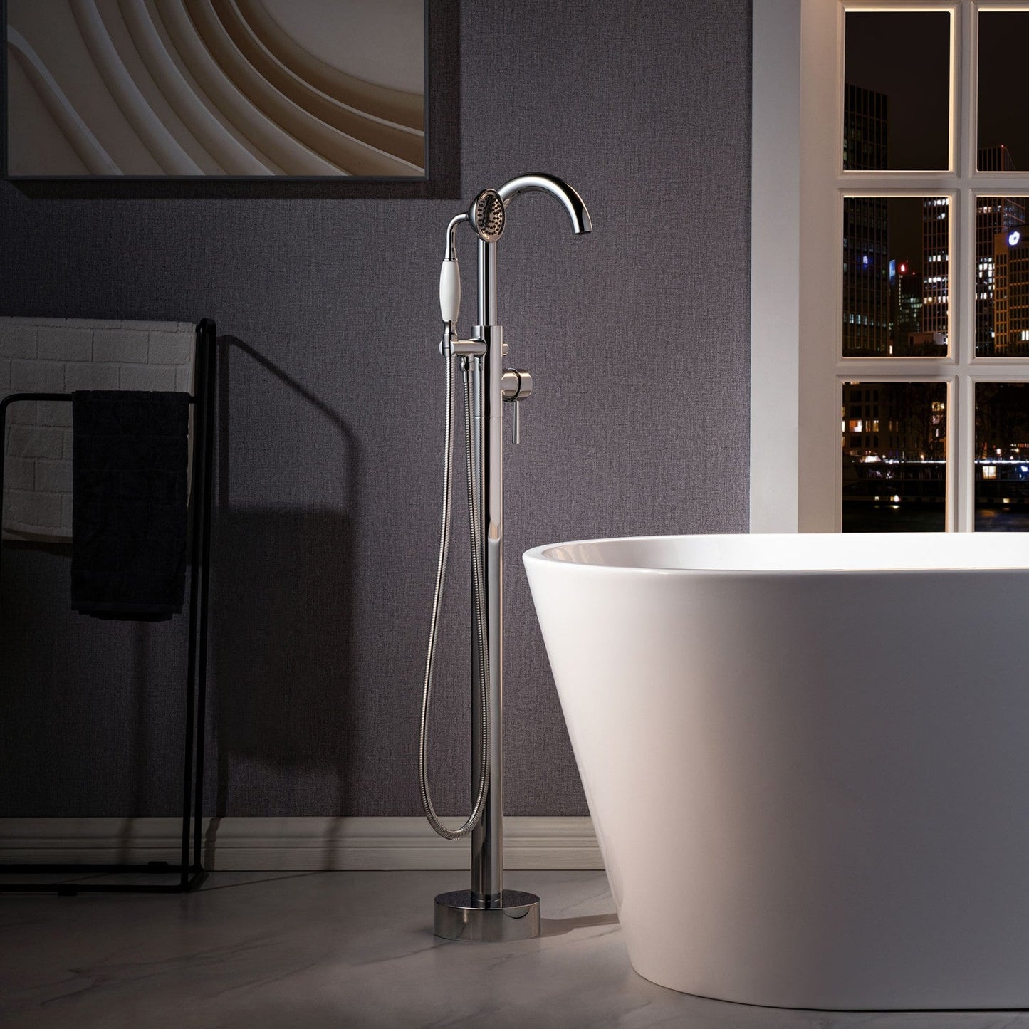 WOODBRIDGE F0023BNVT Fusion Single Handle Floor Mount Freestanding Tub Filler Faucet with Telephone Hand shower