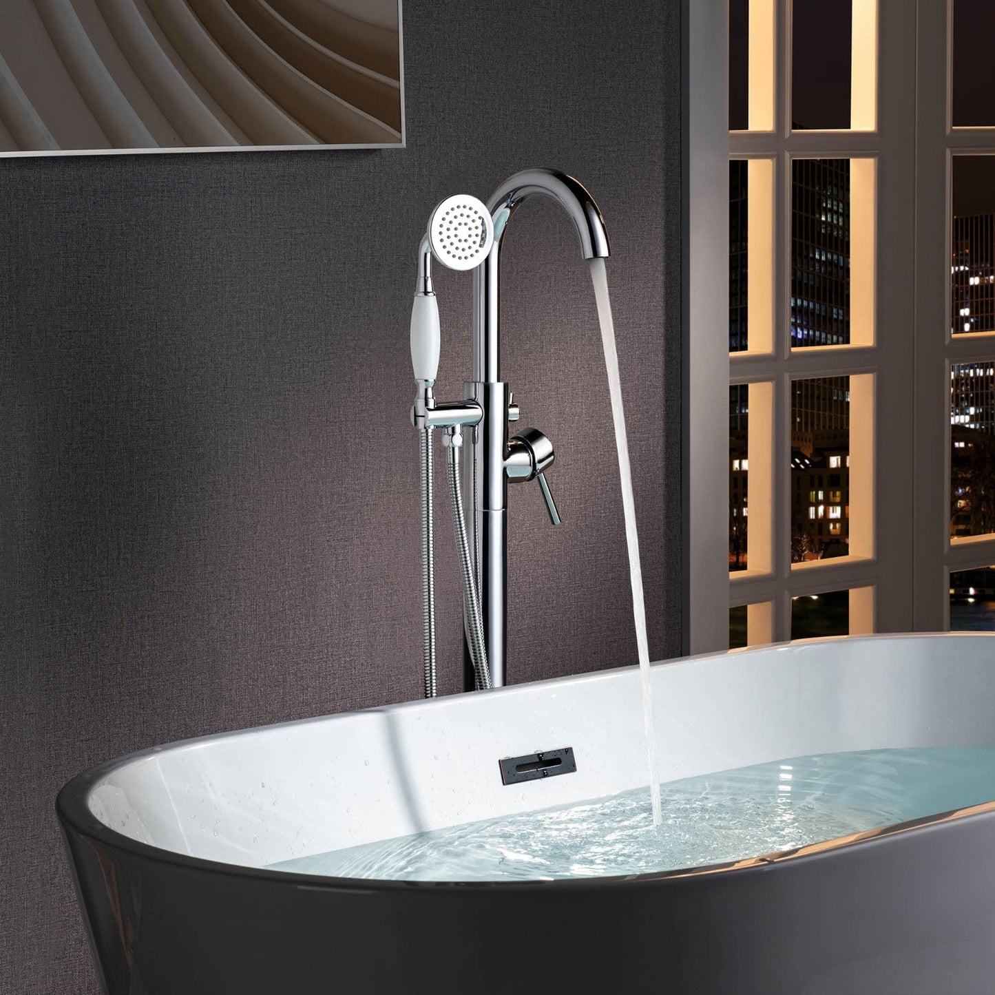 WOODBRIDGE F0023BNVT Fusion Single Handle Floor Mount Freestanding Tub Filler Faucet with Telephone Hand shower