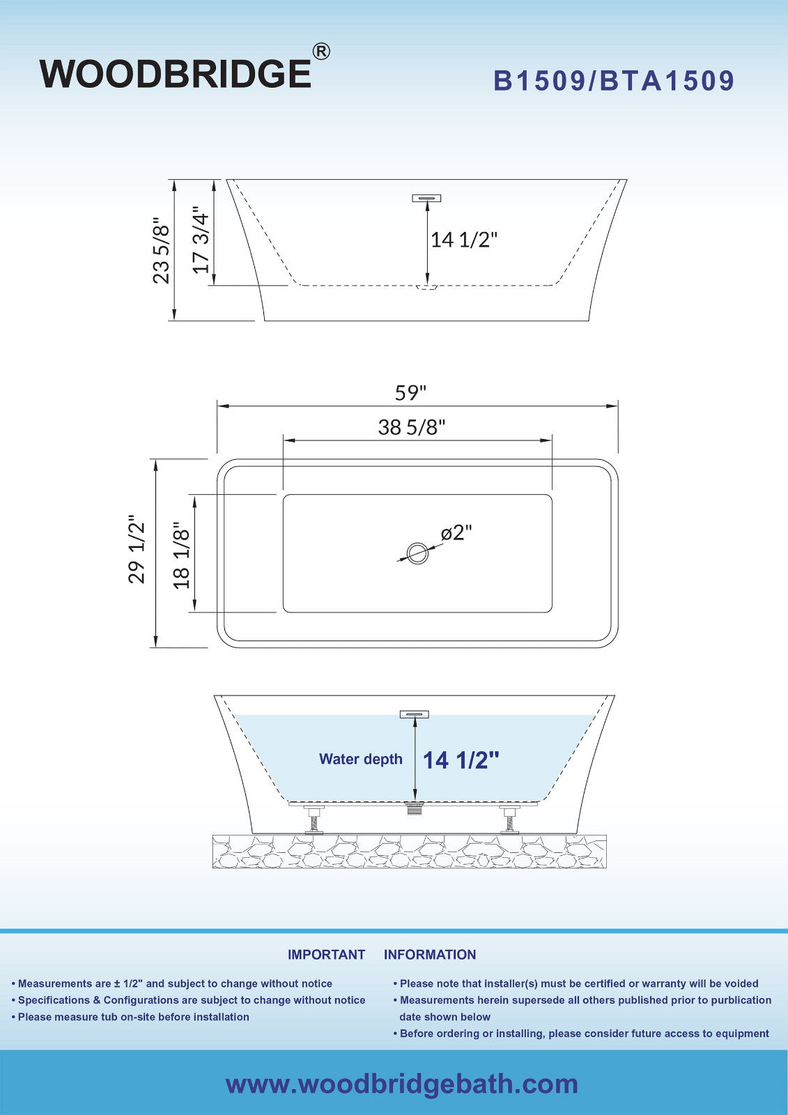 WOODBRIDGE 59" Acrylic Freestanding Bathtub Contemporary Soaking Tub