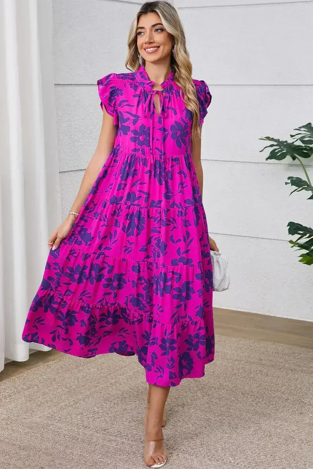 Rose Floral Print Tiered Flutter Sleeve Maxi Dress