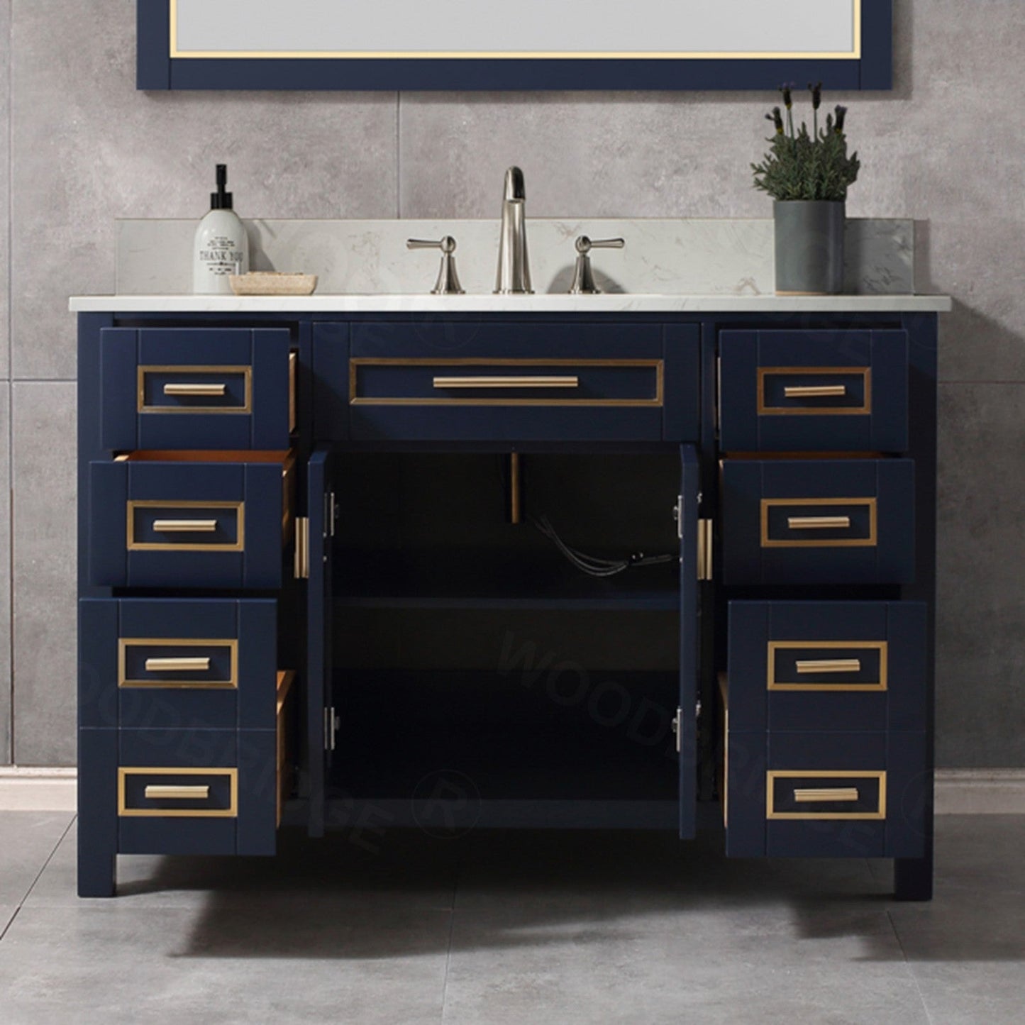 Milan 49” Floor Mounted Single Basin Vanity Set with Solid Wood Cabinet in Navy Blue and Engineered stone composite Vanity Top in Carrara White with Pre-installed Undermount Rectangle Bathroom Sink and Pre-Drilled 3-Hole for 8-inch Widespread Faucet