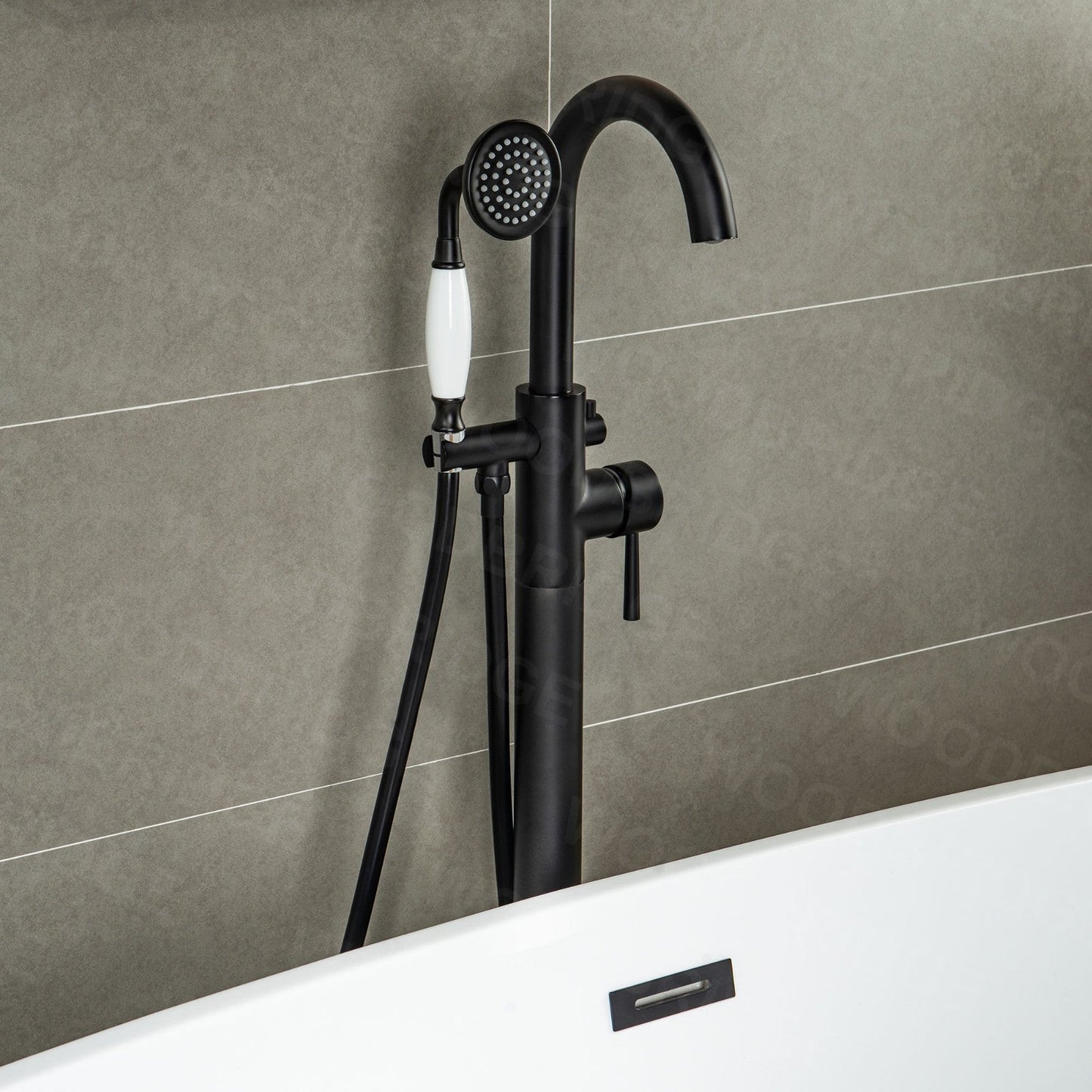 WOODBRIDGE F0023BNVT Fusion Single Handle Floor Mount Freestanding Tub Filler Faucet with Telephone Hand shower