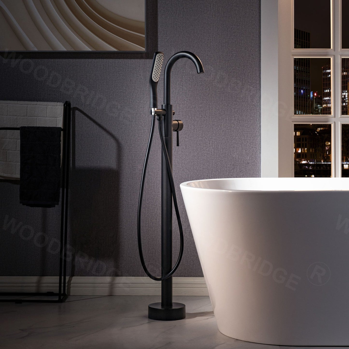 WOODBRIDGE F0023BNSQ Fusion Single Handle Floor Mount Freestanding Tub Filler Faucet with Square Comfort Grip Hand Shower