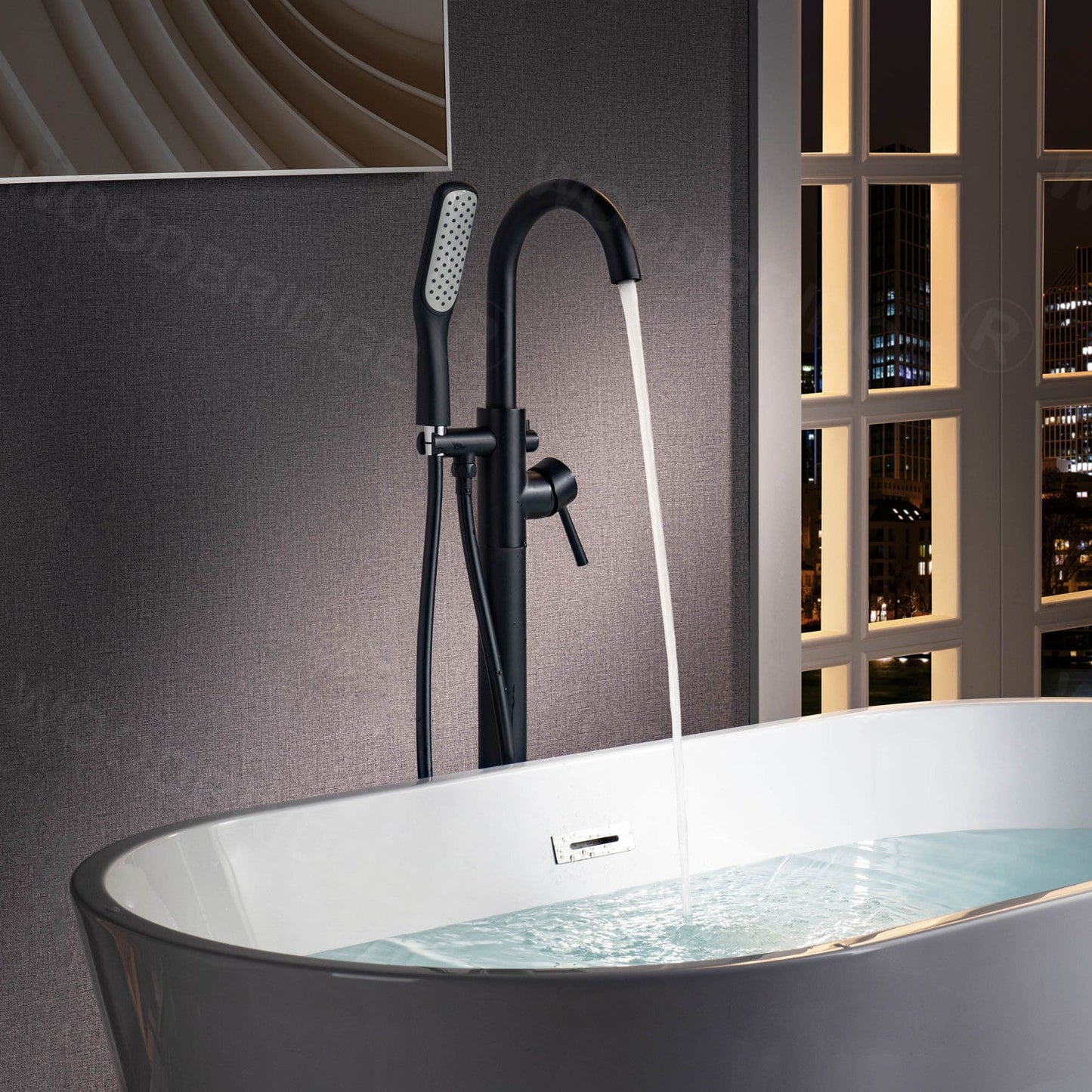 WOODBRIDGE F0023BNSQ Fusion Single Handle Floor Mount Freestanding Tub Filler Faucet with Square Comfort Grip Hand Shower
