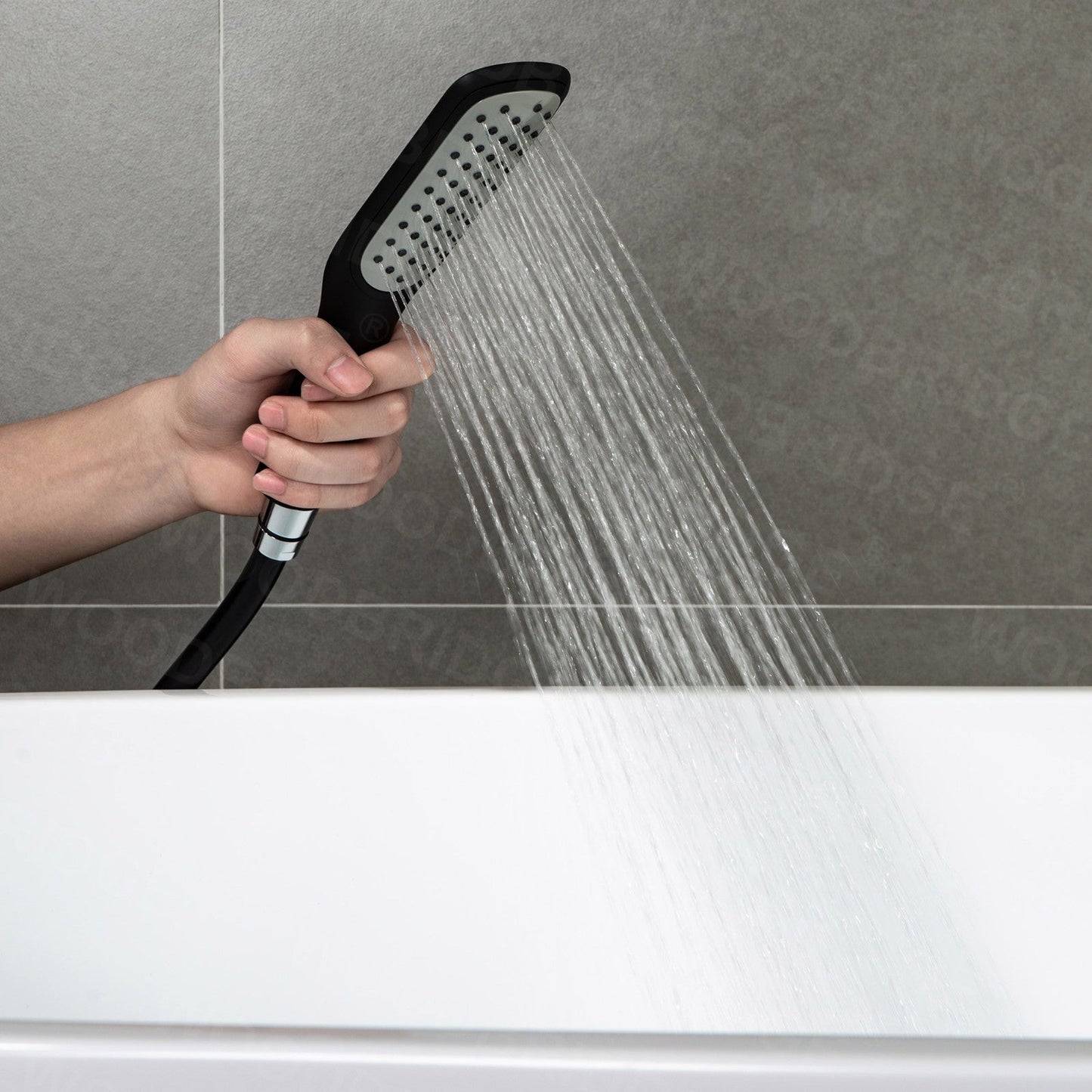 WOODBRIDGE F0023BNSQ Fusion Single Handle Floor Mount Freestanding Tub Filler Faucet with Square Comfort Grip Hand Shower