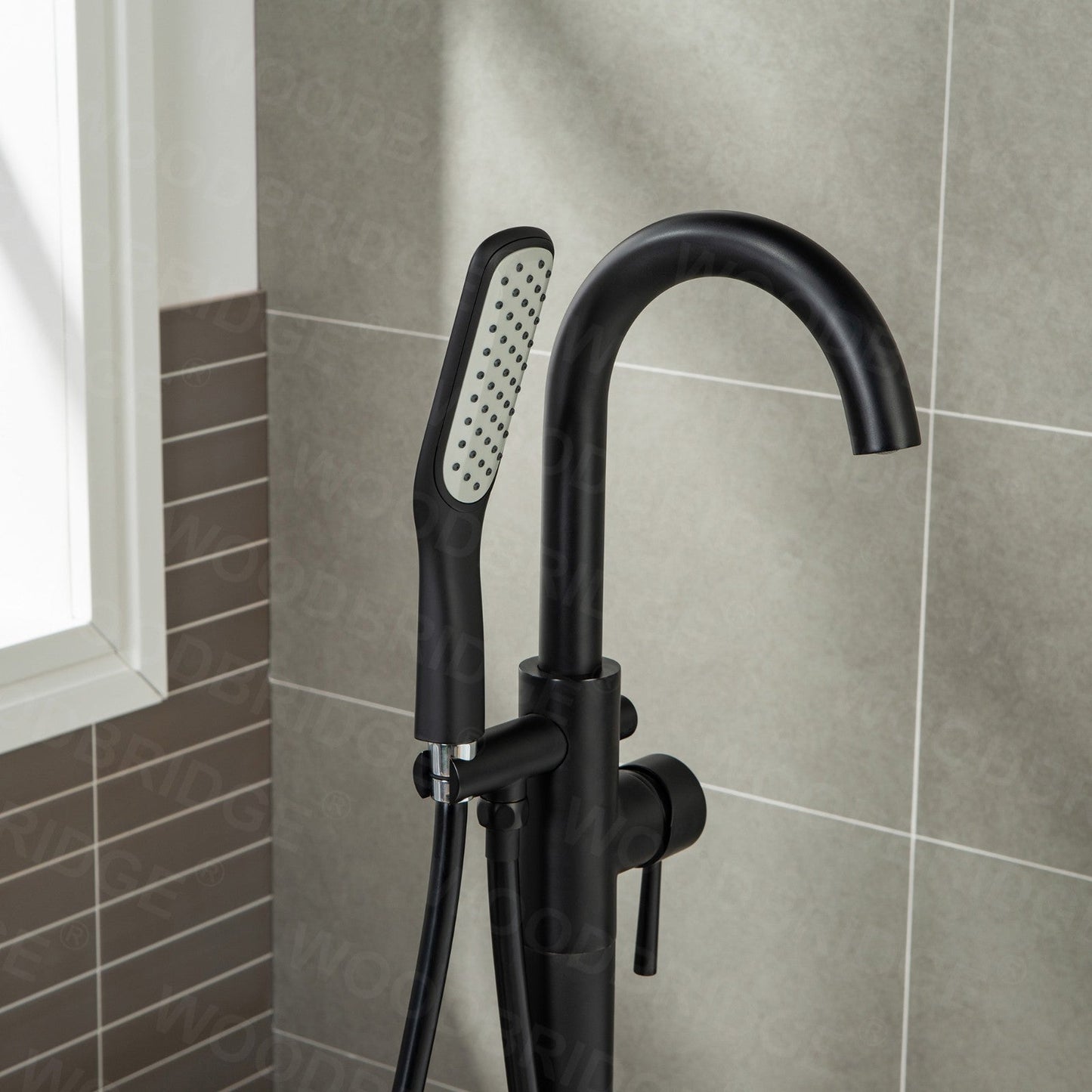 WOODBRIDGE F0023BNSQ Fusion Single Handle Floor Mount Freestanding Tub Filler Faucet with Square Comfort Grip Hand Shower