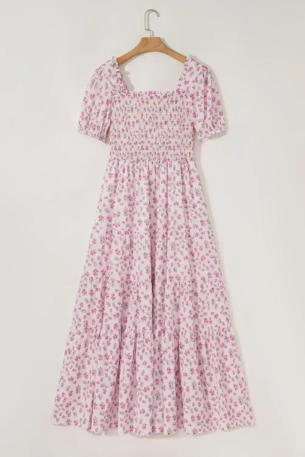 White Frill Neckline Shirred Bodice Floral Maxi Dress
