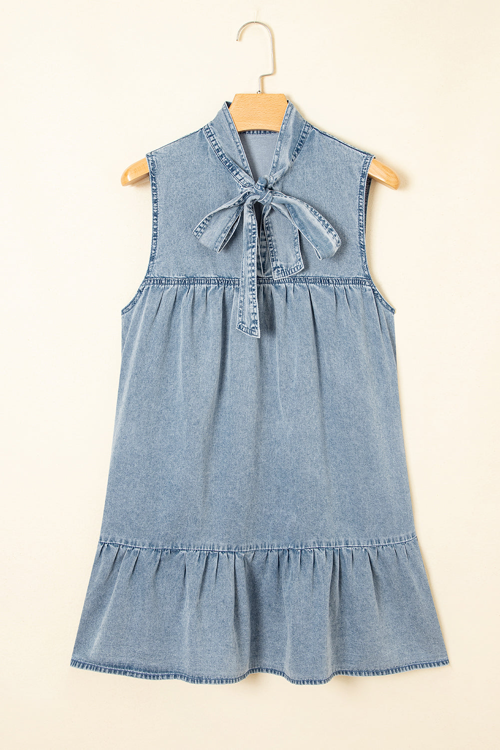 Beau Blue Bowknot Neck Ruffle Sleeveless Mini Dress