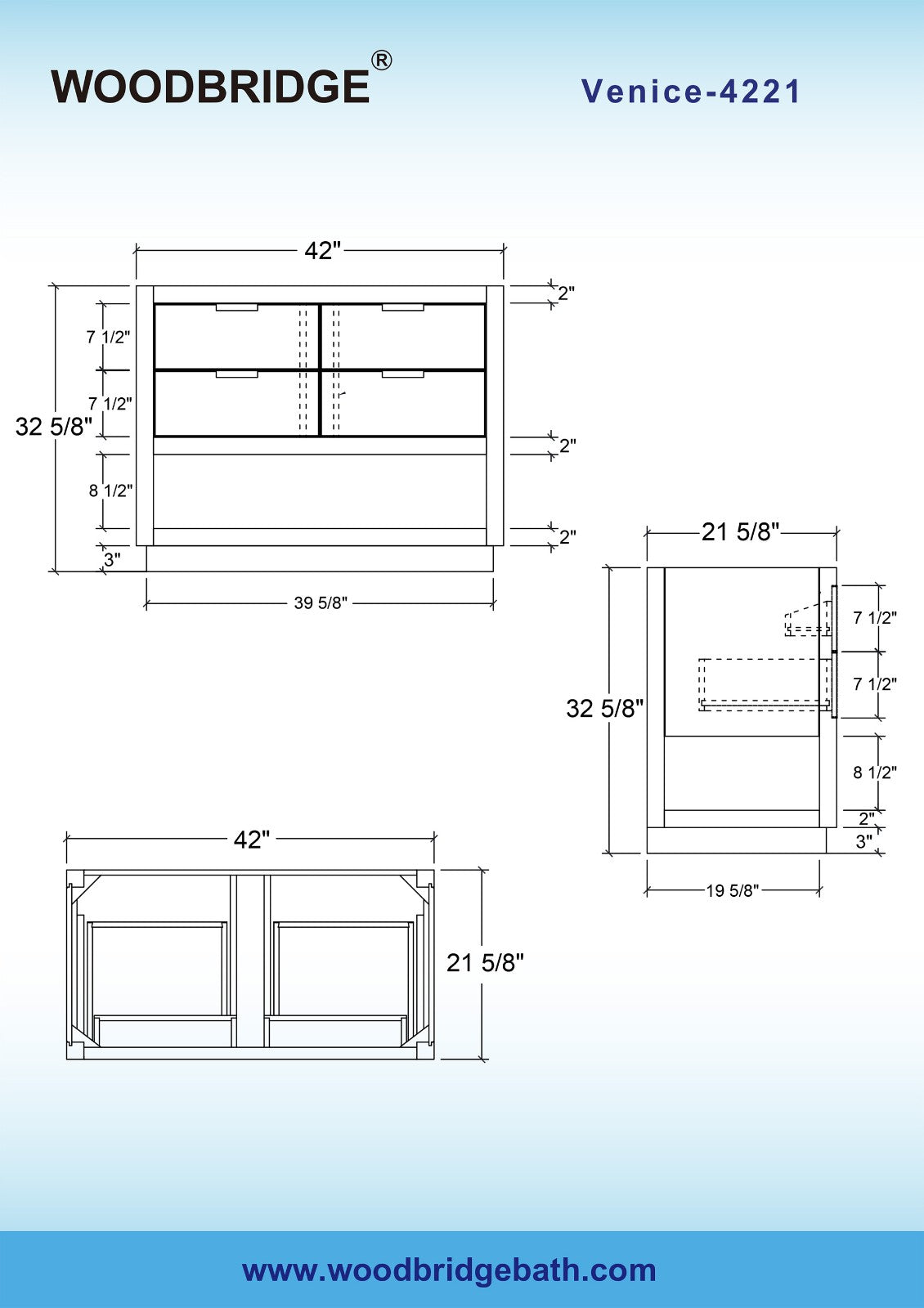 WOODBRIDGE Venice 42"x21"x33" Solid Wood Bath Vanities Cabinet Only with Drawers in Grey and Brushed Nickel Hardware, Venice-4221-Grey-BN