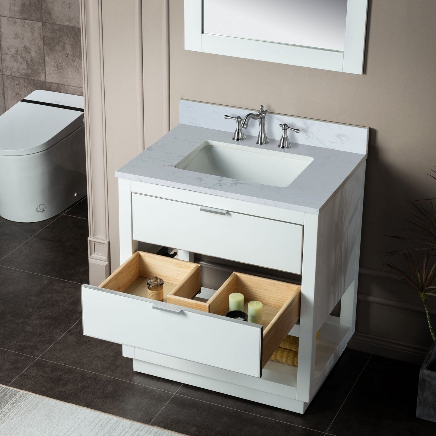 WOODBRIDGE Venice 30"x21"x33" Solid Wood Bath Vanities Side Cabinet in White with Brushed Nickel Trim and Engineered Stone Composite Vanity Top in Carrara White 3 Pre-Drilled Holes for 8-inch Widespread Faucet.