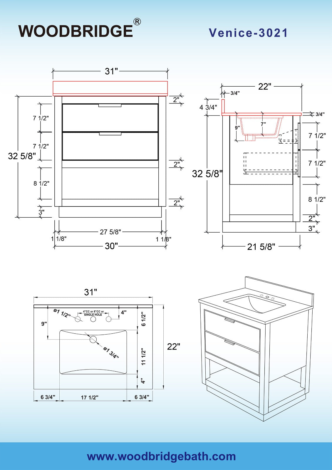 WOODBRIDGE Venice 30"x21"x33" Solid Wood Bath Vanities Side Cabinet in White with Brushed Nickel Trim and Engineered Stone Composite Vanity Top in Carrara White 3 Pre-Drilled Holes for 8-inch Widespread Faucet.