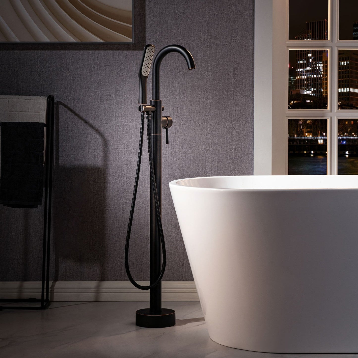 WOODBRIDGE F0023BNSQ Fusion Single Handle Floor Mount Freestanding Tub Filler Faucet with Square Comfort Grip Hand Shower