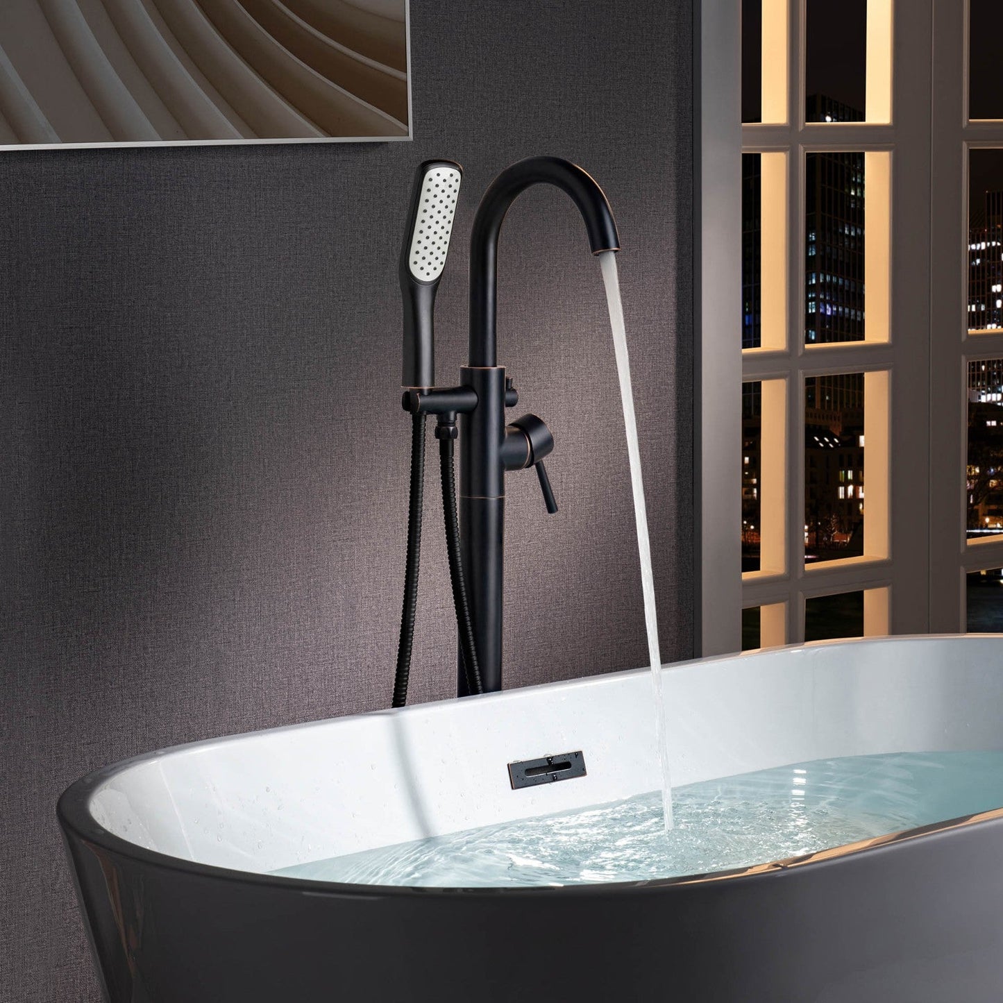 WOODBRIDGE F0023BNSQ Fusion Single Handle Floor Mount Freestanding Tub Filler Faucet with Square Comfort Grip Hand Shower