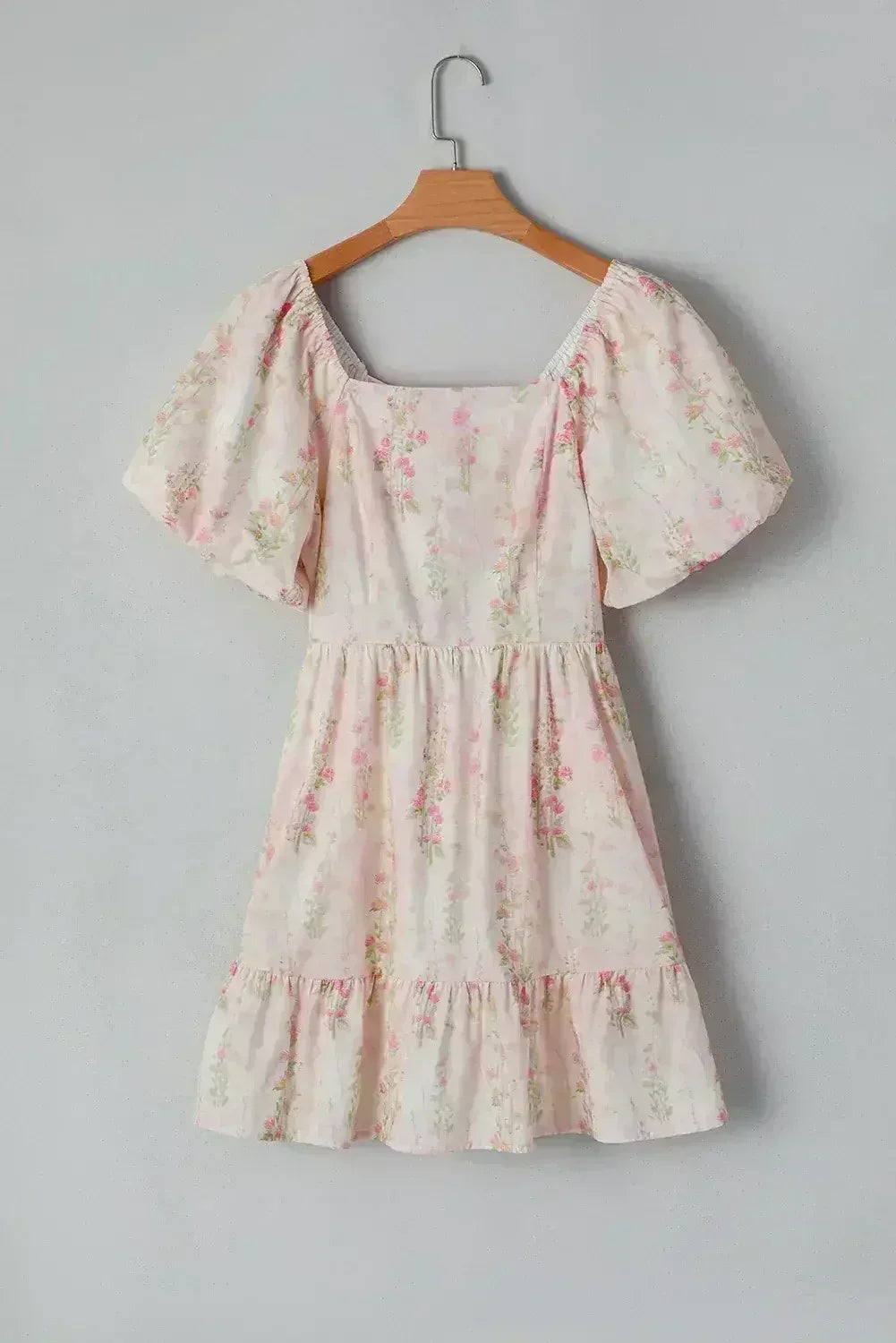 Pink Floral Puff Sleeve Square Neck Knotted Backless Ruffle Mini Dress