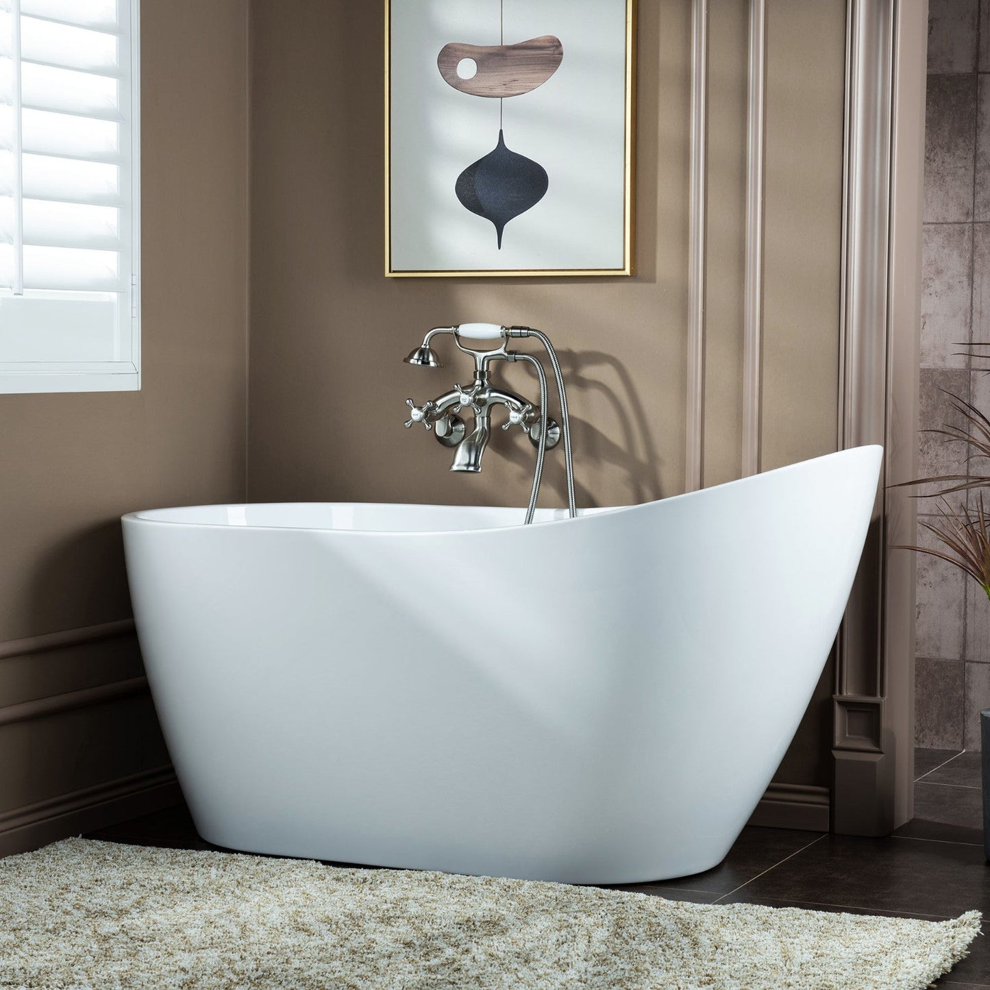 WOODBRIDGE F0030BN Wall Mount Adjustable Centers Bathtub Faucet with 3 Metal Cross Handles and Telephone Style Hand Shower and Porcelain Handle