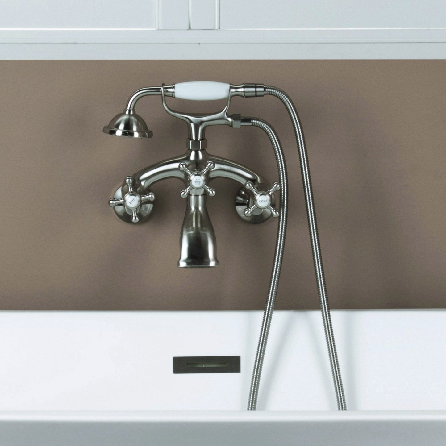 WOODBRIDGE F0030BN Wall Mount Adjustable Centers Bathtub Faucet with 3 Metal Cross Handles and Telephone Style Hand Shower and Porcelain Handle
