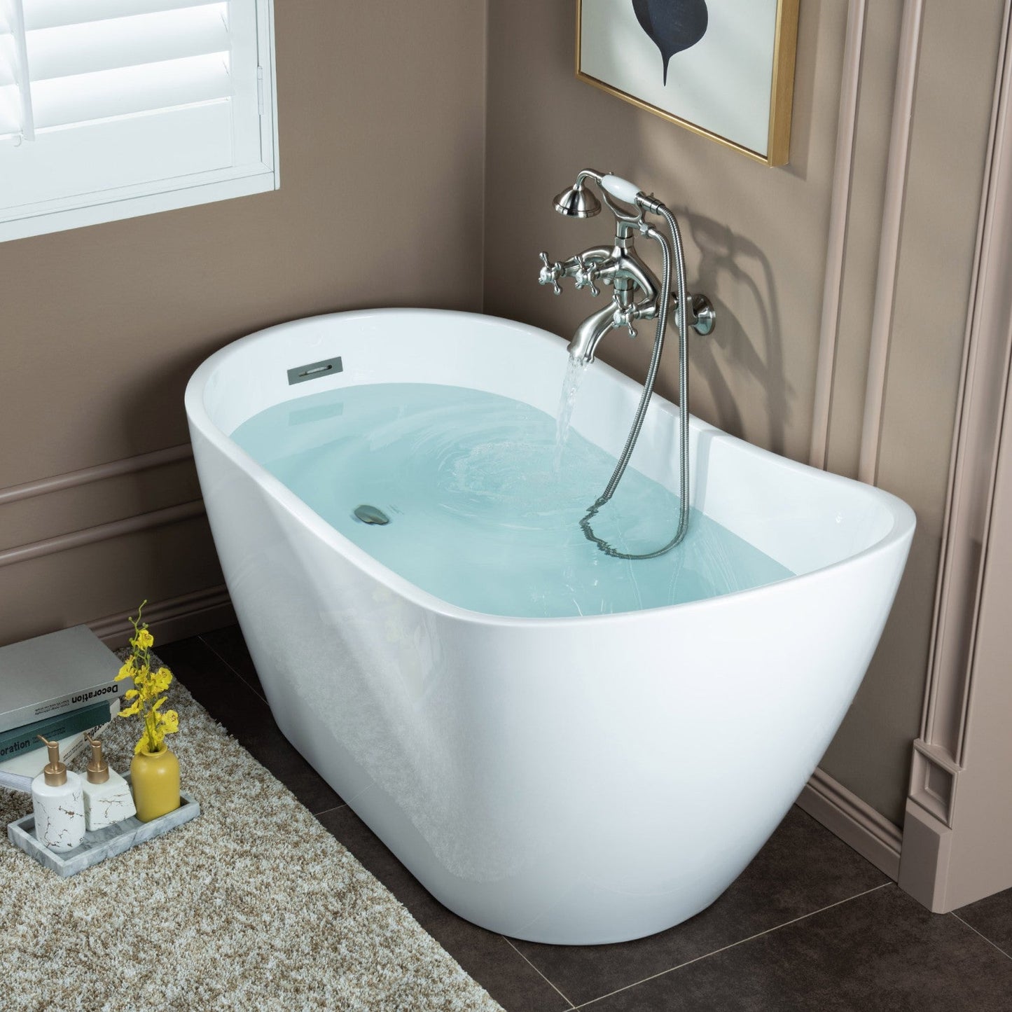 WOODBRIDGE F0030BN Wall Mount Adjustable Centers Bathtub Faucet with 3 Metal Cross Handles and Telephone Style Hand Shower and Porcelain Handle