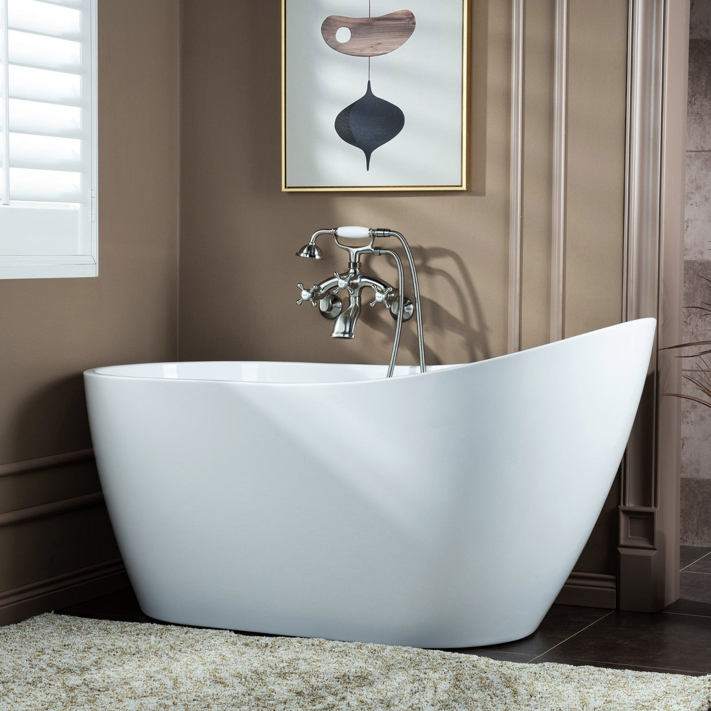 WOODBRIDGE F0030BN Wall Mount Adjustable Centers Bathtub Faucet with 3 Metal Cross Handles and Telephone Style Hand Shower and Porcelain Handle