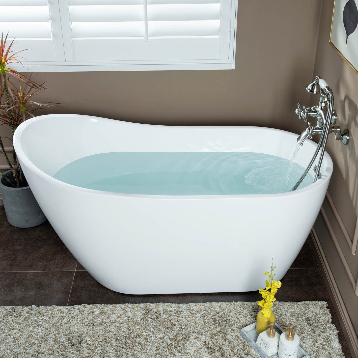 WOODBRIDGE F0030BN Wall Mount Adjustable Centers Bathtub Faucet with 3 Metal Cross Handles and Telephone Style Hand Shower and Porcelain Handle
