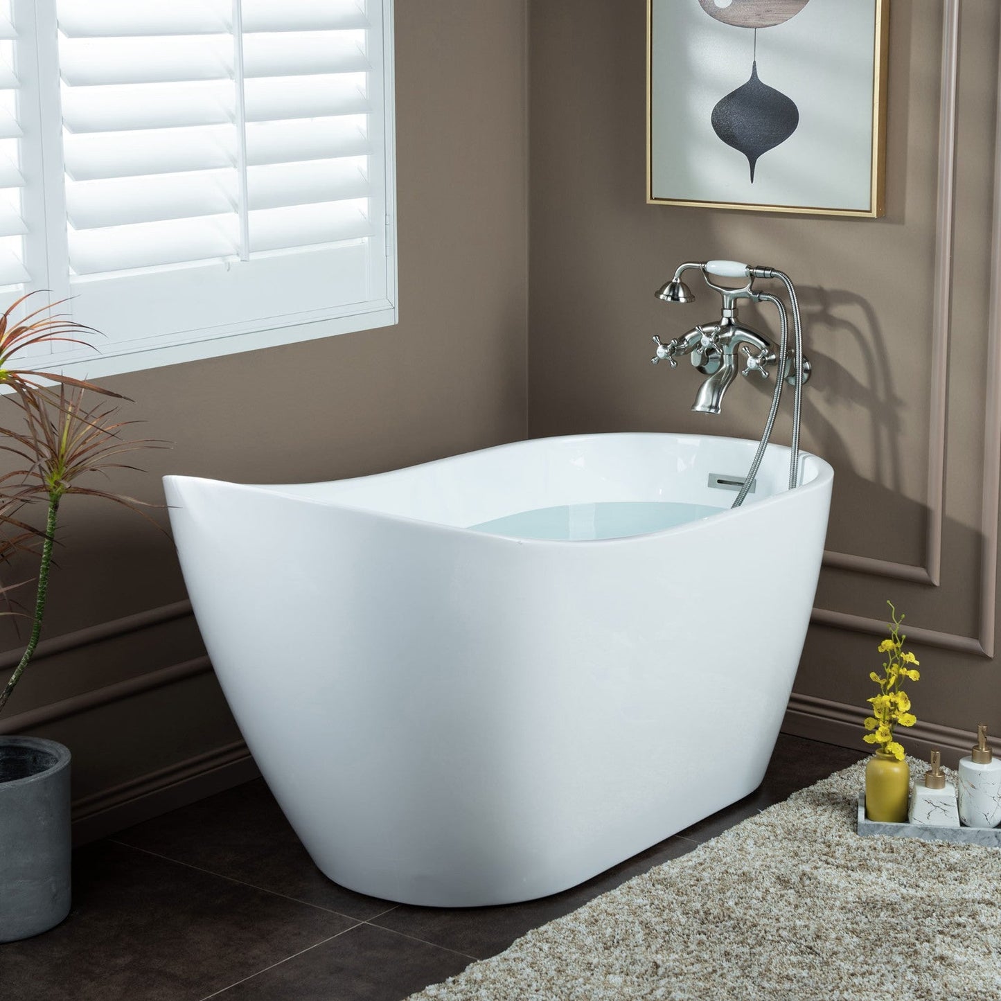 WOODBRIDGE F0030BN Wall Mount Adjustable Centers Bathtub Faucet with 3 Metal Cross Handles and Telephone Style Hand Shower and Porcelain Handle