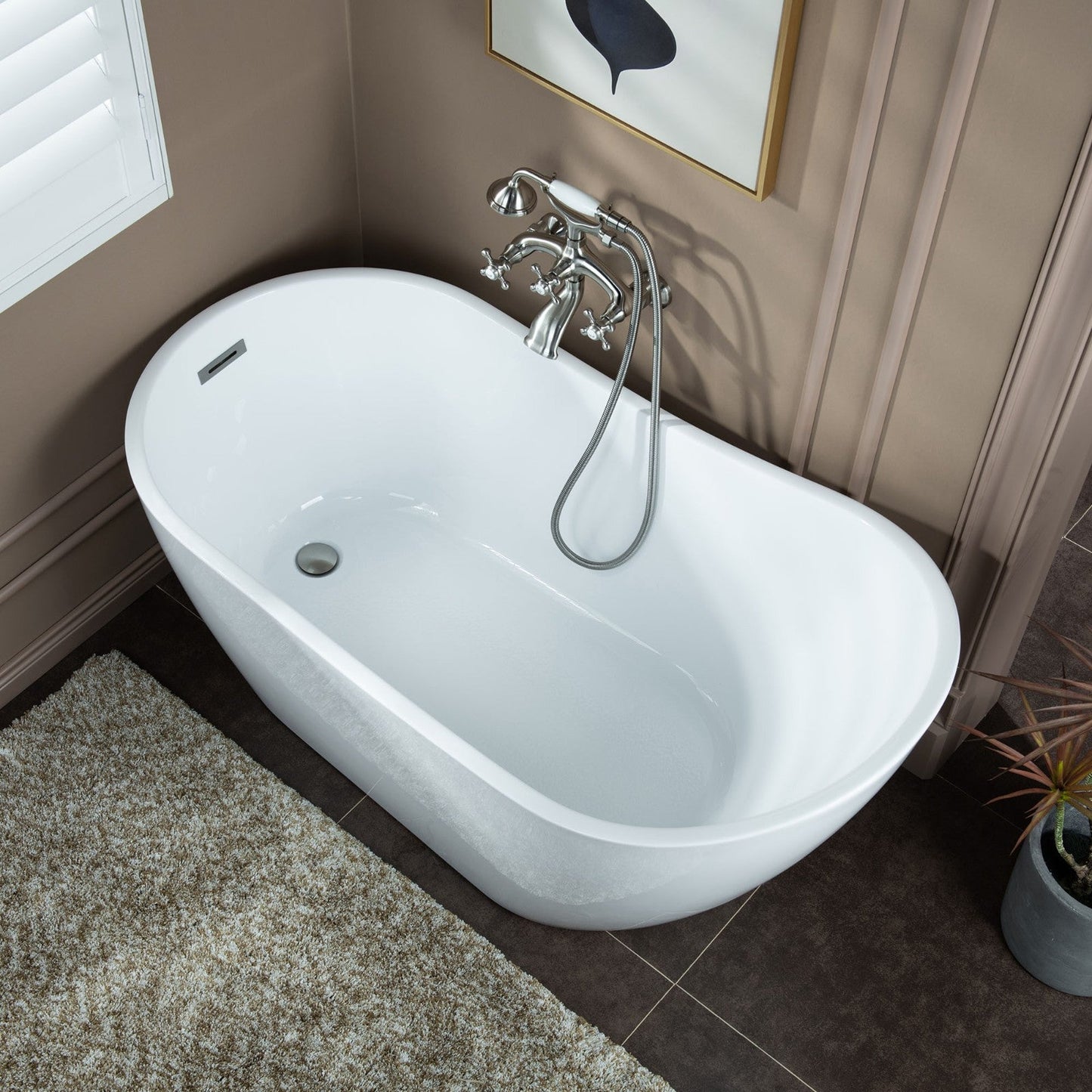 WOODBRIDGE F0030BN Wall Mount Adjustable Centers Bathtub Faucet with 3 Metal Cross Handles and Telephone Style Hand Shower and Porcelain Handle