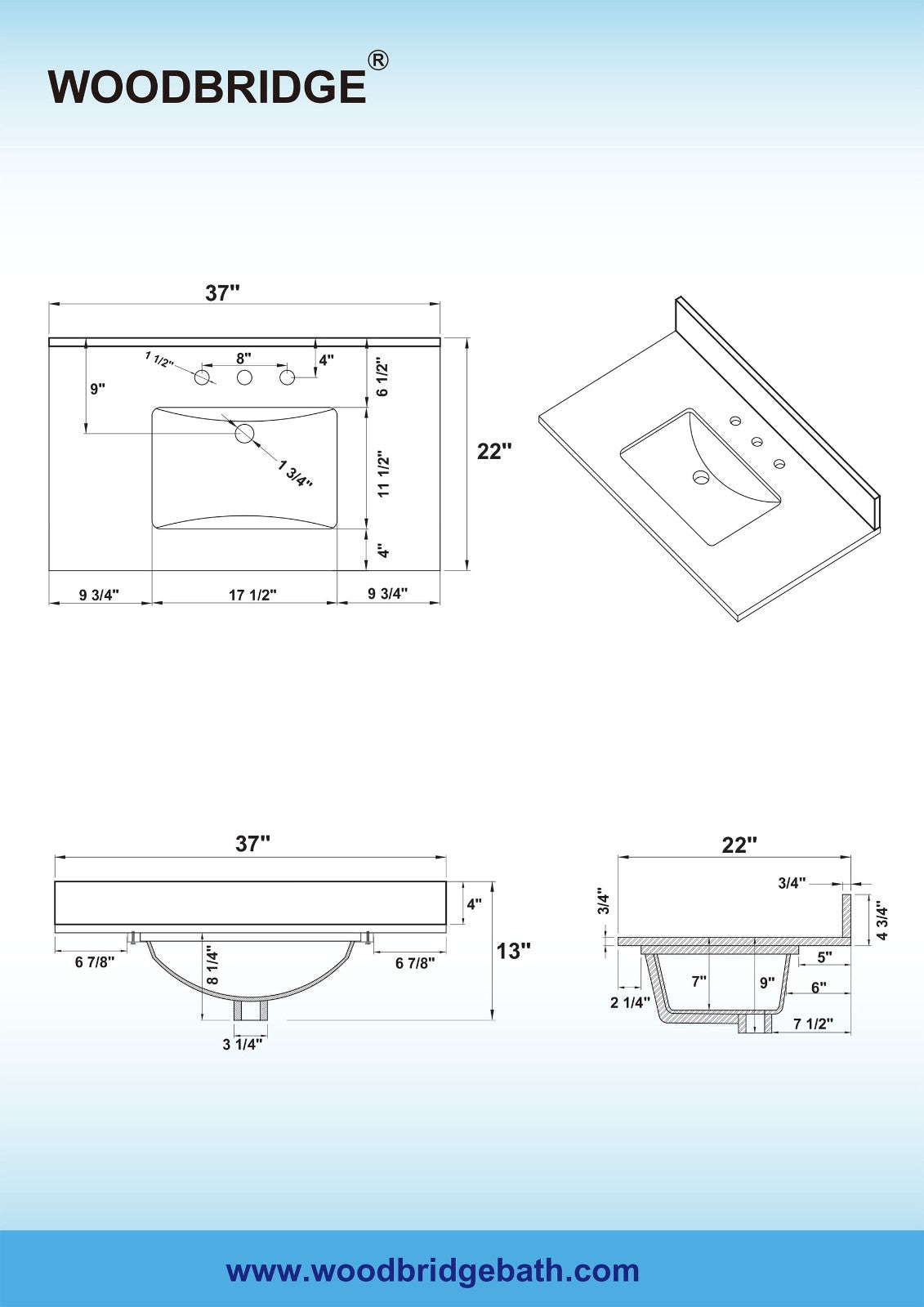 WOODBRIDGE 43" x22" Vanity Top with Single Under Mount Rectangle Bowl, Fish Belly Engineered stone, Pre-drilled with 3-hole for 8-inch Widespread Faucet set up Option