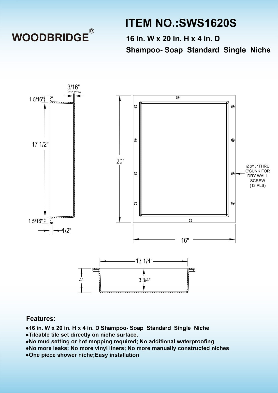 WOODBRIDGE Ready for Tile Shampoo Soap Niche, SW1620S, 16" x 20" Single Shelf