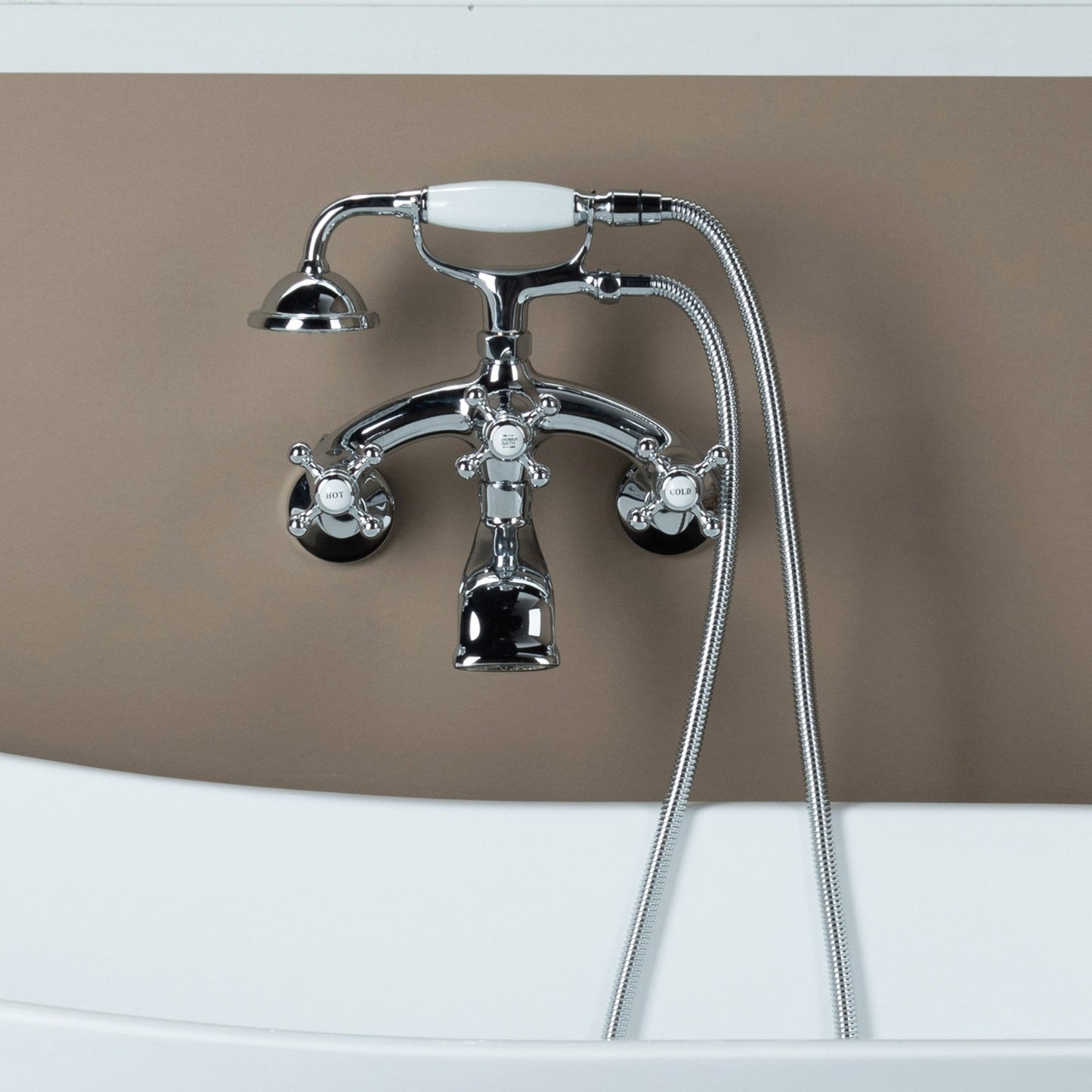 WOODBRIDGE F0030BN Wall Mount Adjustable Centers Bathtub Faucet with 3 Metal Cross Handles and Telephone Style Hand Shower and Porcelain Handle
