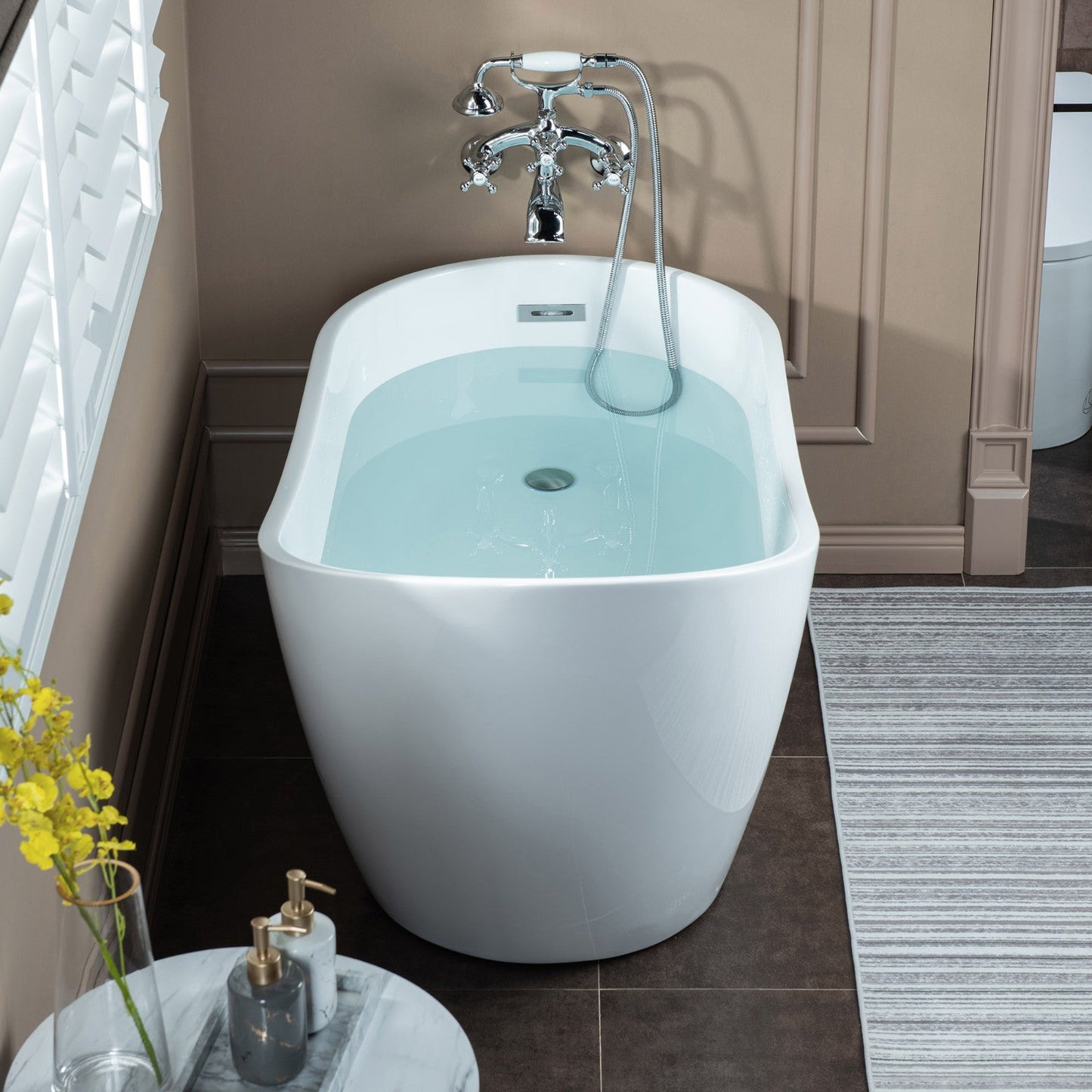 WOODBRIDGE F0030BN Wall Mount Adjustable Centers Bathtub Faucet with 3 Metal Cross Handles and Telephone Style Hand Shower and Porcelain Handle