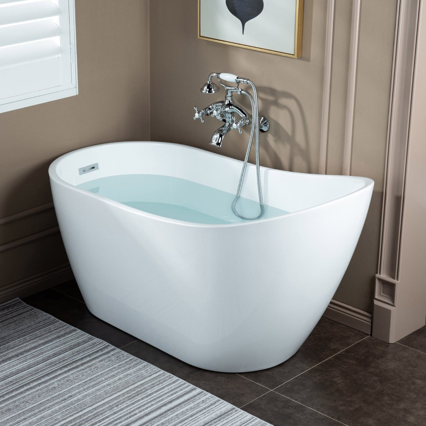 WOODBRIDGE F0030BN Wall Mount Adjustable Centers Bathtub Faucet with 3 Metal Cross Handles and Telephone Style Hand Shower and Porcelain Handle