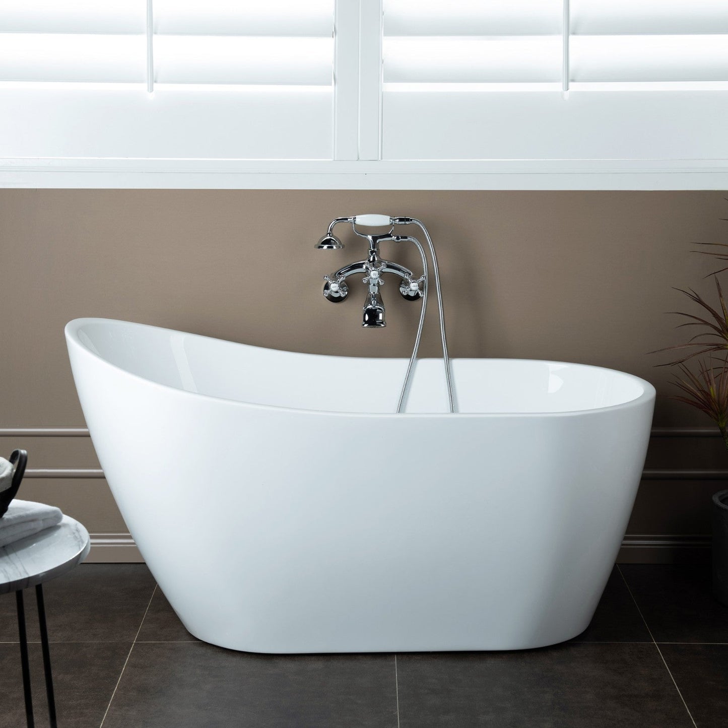 WOODBRIDGE F0030BN Wall Mount Adjustable Centers Bathtub Faucet with 3 Metal Cross Handles and Telephone Style Hand Shower and Porcelain Handle