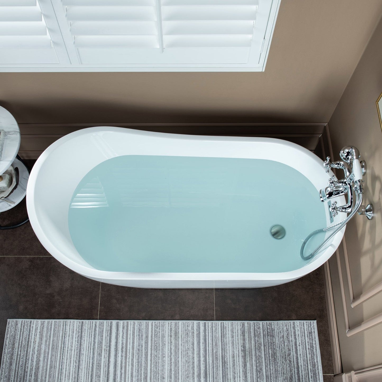 WOODBRIDGE F0030BN Wall Mount Adjustable Centers Bathtub Faucet with 3 Metal Cross Handles and Telephone Style Hand Shower and Porcelain Handle