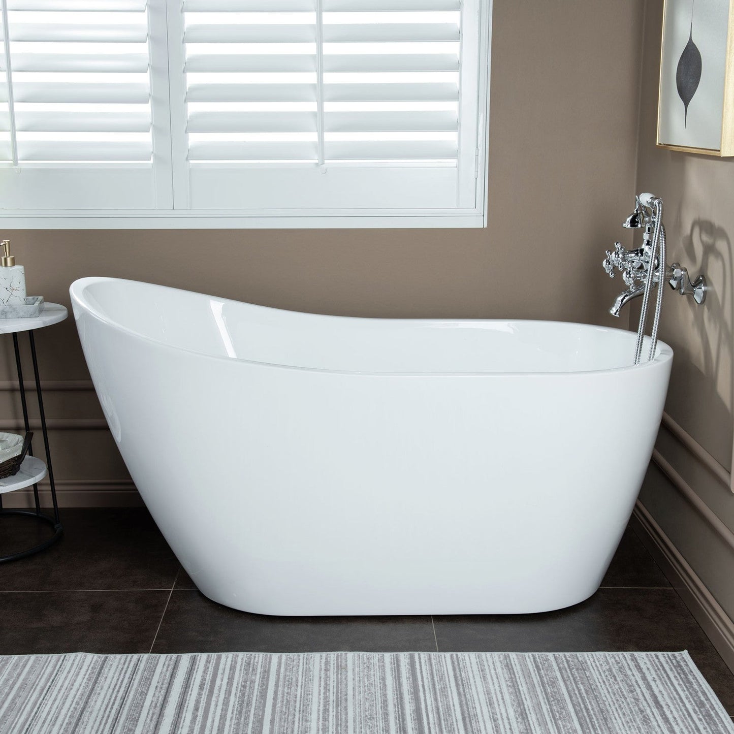 WOODBRIDGE F0030BN Wall Mount Adjustable Centers Bathtub Faucet with 3 Metal Cross Handles and Telephone Style Hand Shower and Porcelain Handle
