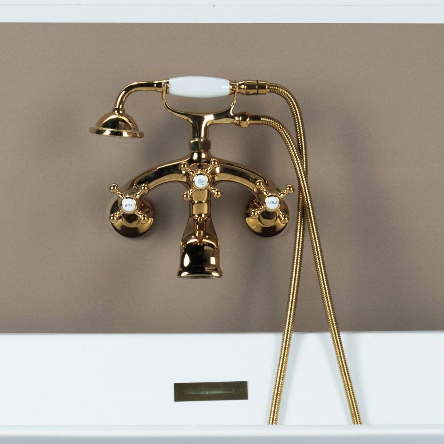 WOODBRIDGE F0030BN Wall Mount Adjustable Centers Bathtub Faucet with 3 Metal Cross Handles and Telephone Style Hand Shower and Porcelain Handle