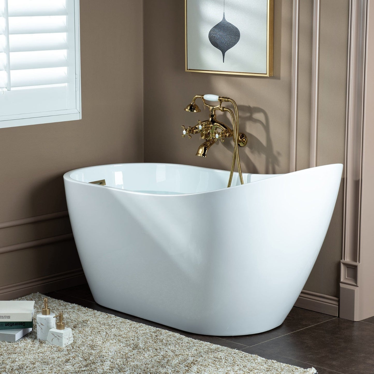 WOODBRIDGE F0030BN Wall Mount Adjustable Centers Bathtub Faucet with 3 Metal Cross Handles and Telephone Style Hand Shower and Porcelain Handle